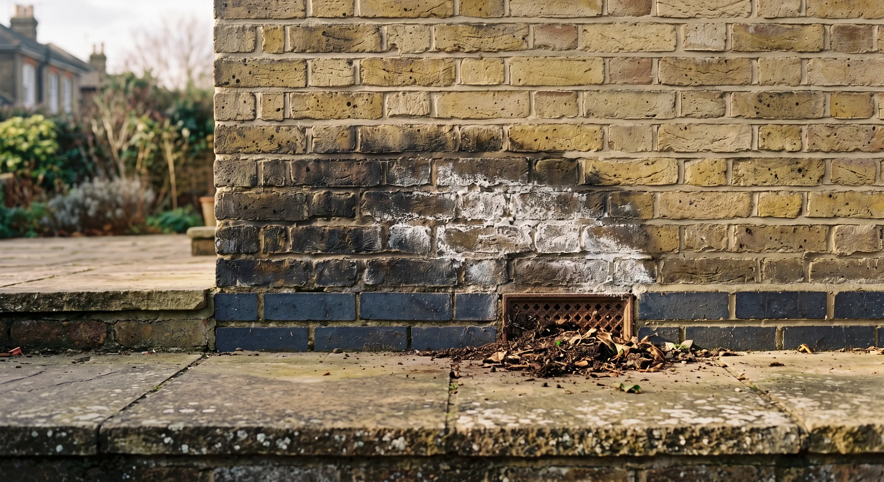 The base of a brick wall where raised paving bridges the damp-proof course beside a partly blocked airbrick, with salt bloom on sound pointing.