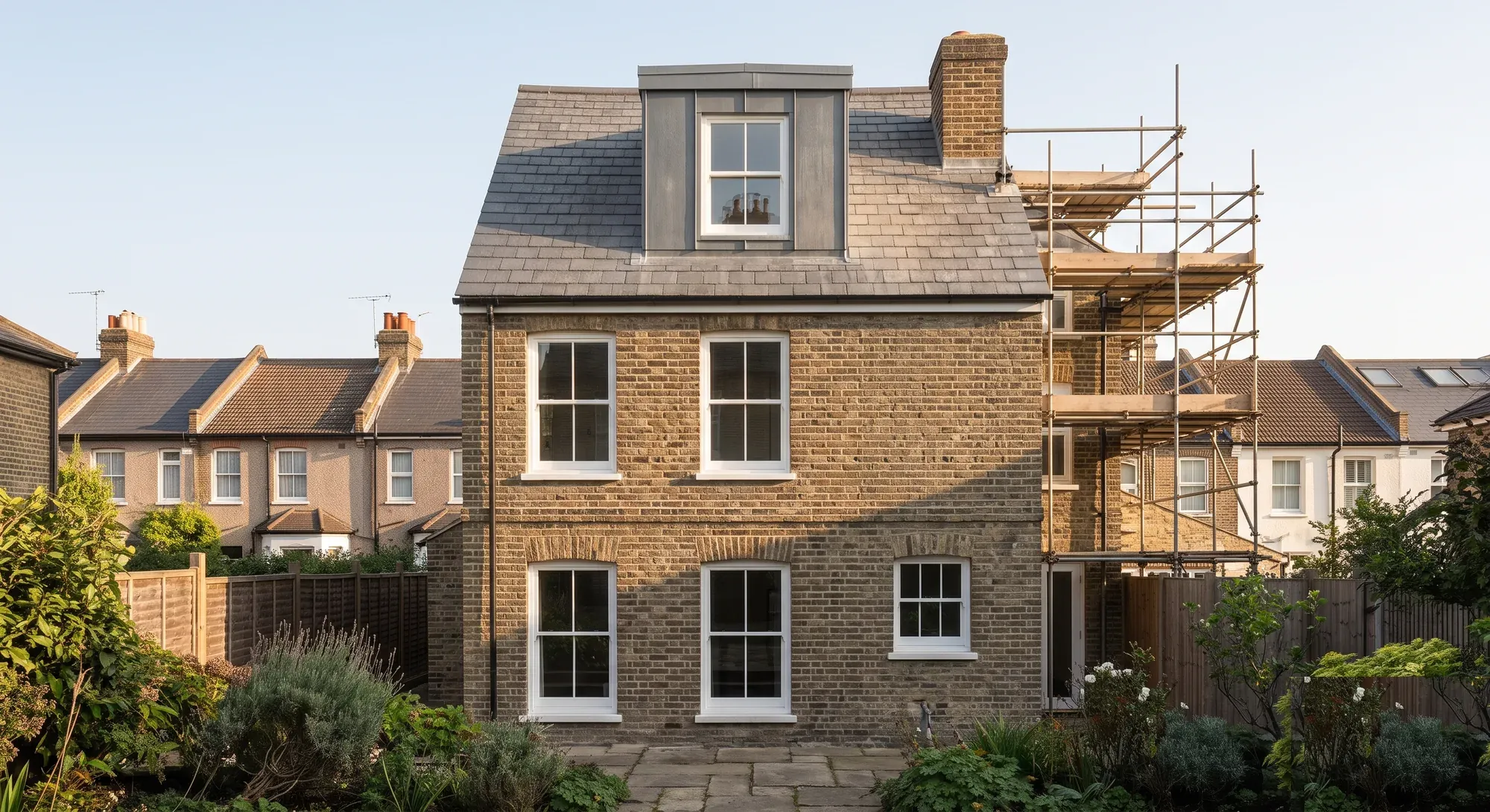 The rear elevation of a house with a new dormer loft conversion and scaffolding to one side.