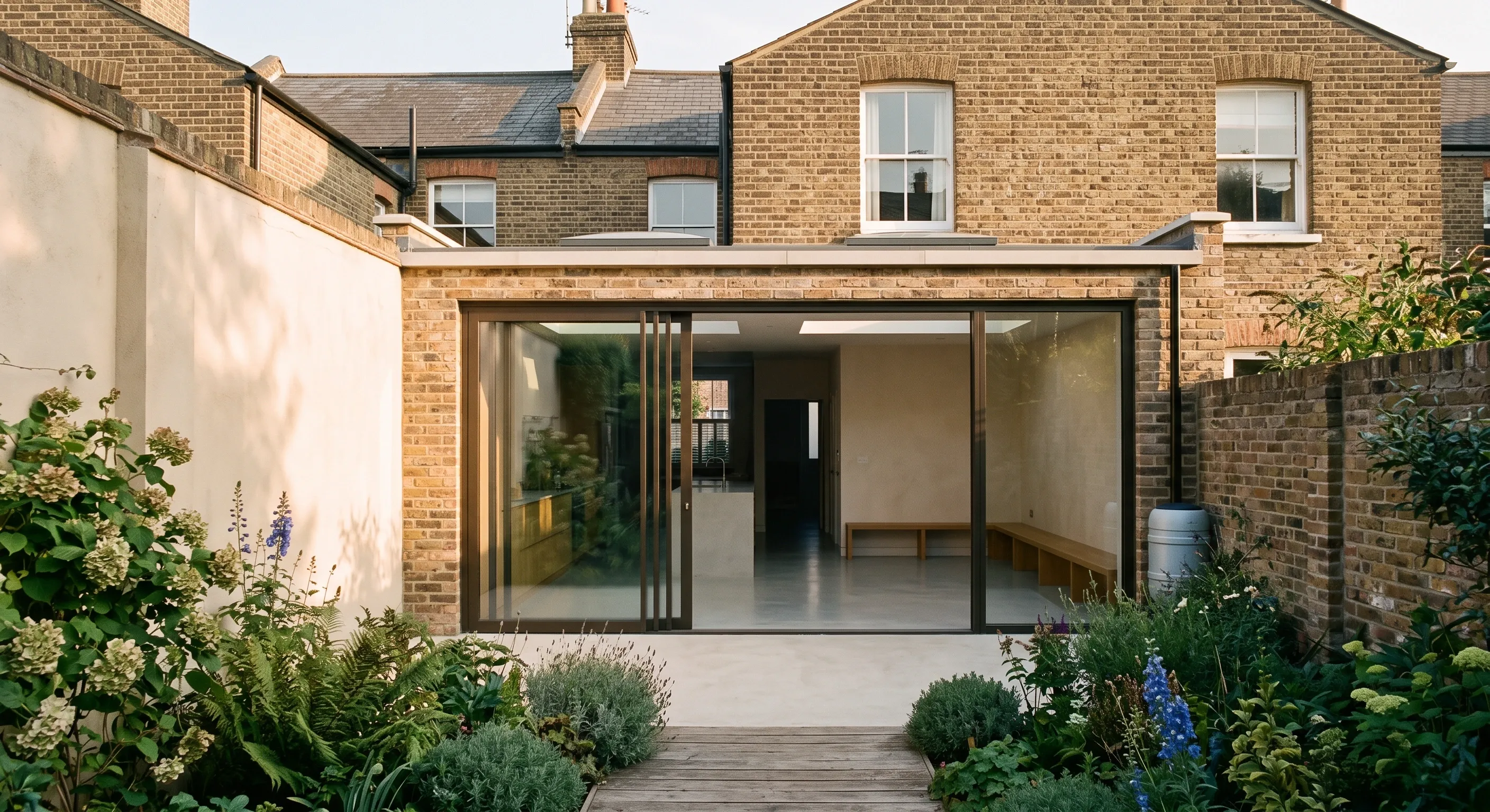 A London terrace rear extension with wide sliding glazing seen from the garden, showing a clear screed floor and no radiators inside.