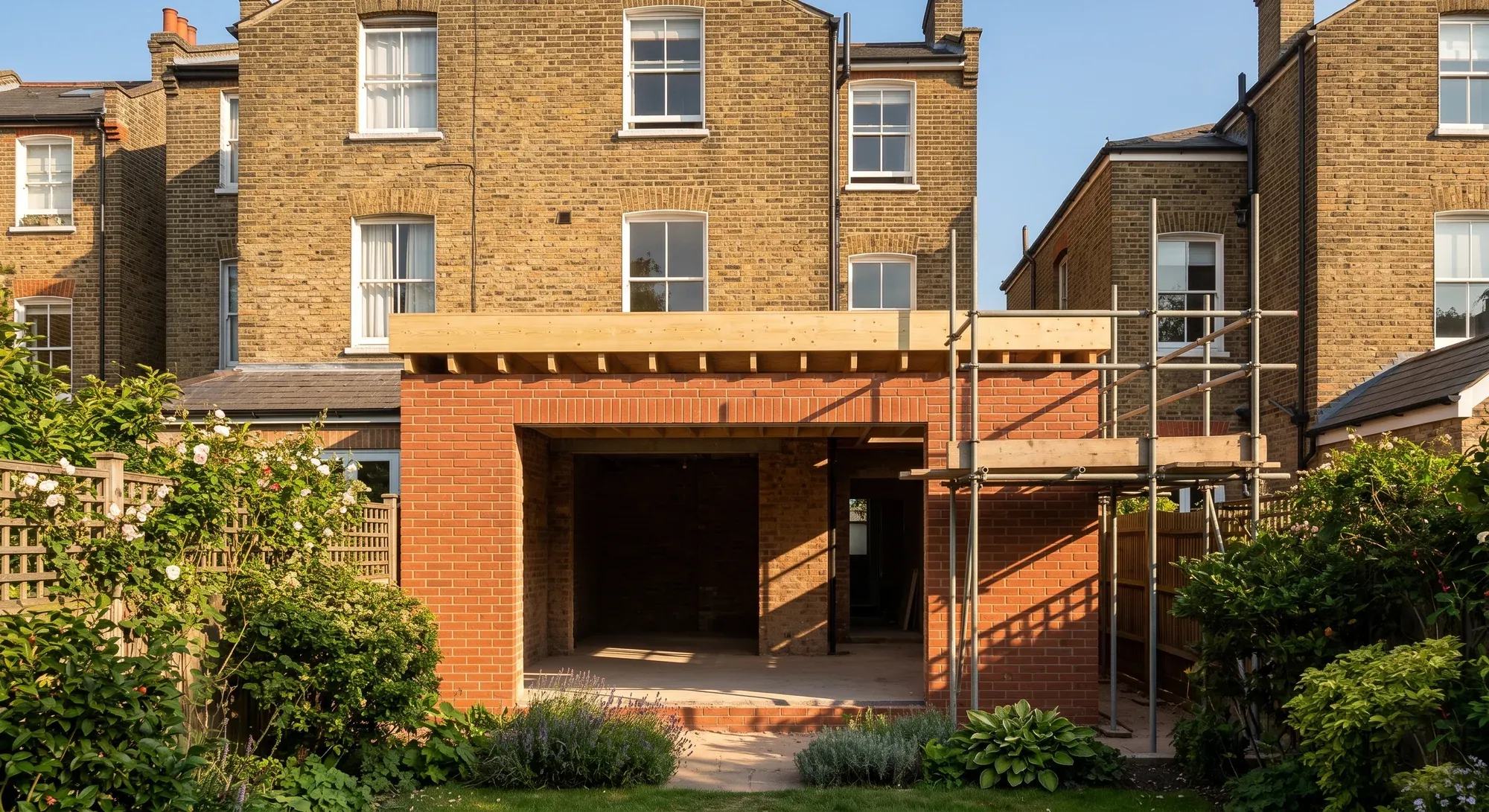 A single-storey rear extension at shell stage behind a London terraced house, with scaffolding in place