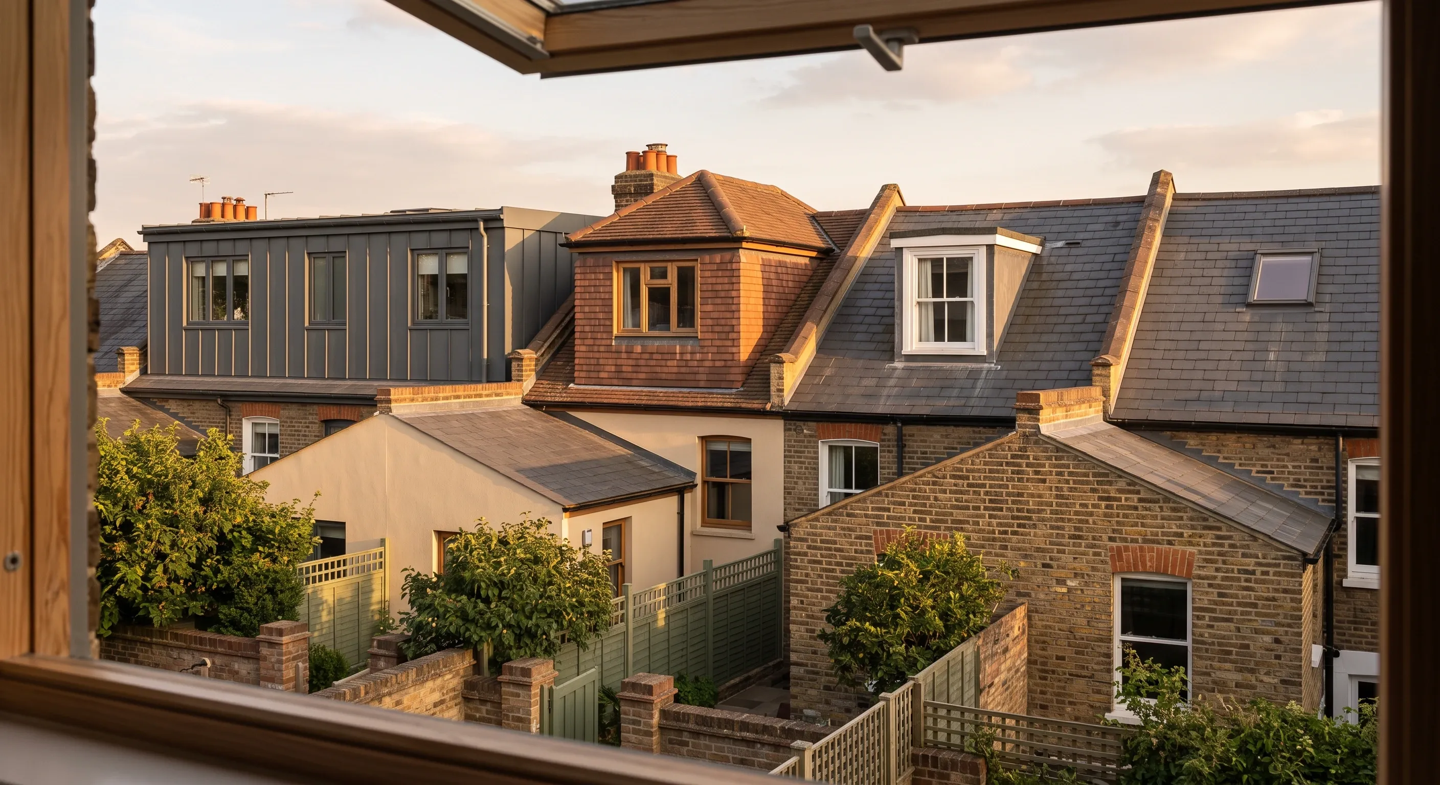 A London rear roofscape from an upper window showing a flat roof dormer, a hipped tiled dormer, a small box dormer and an untouched slate slope.