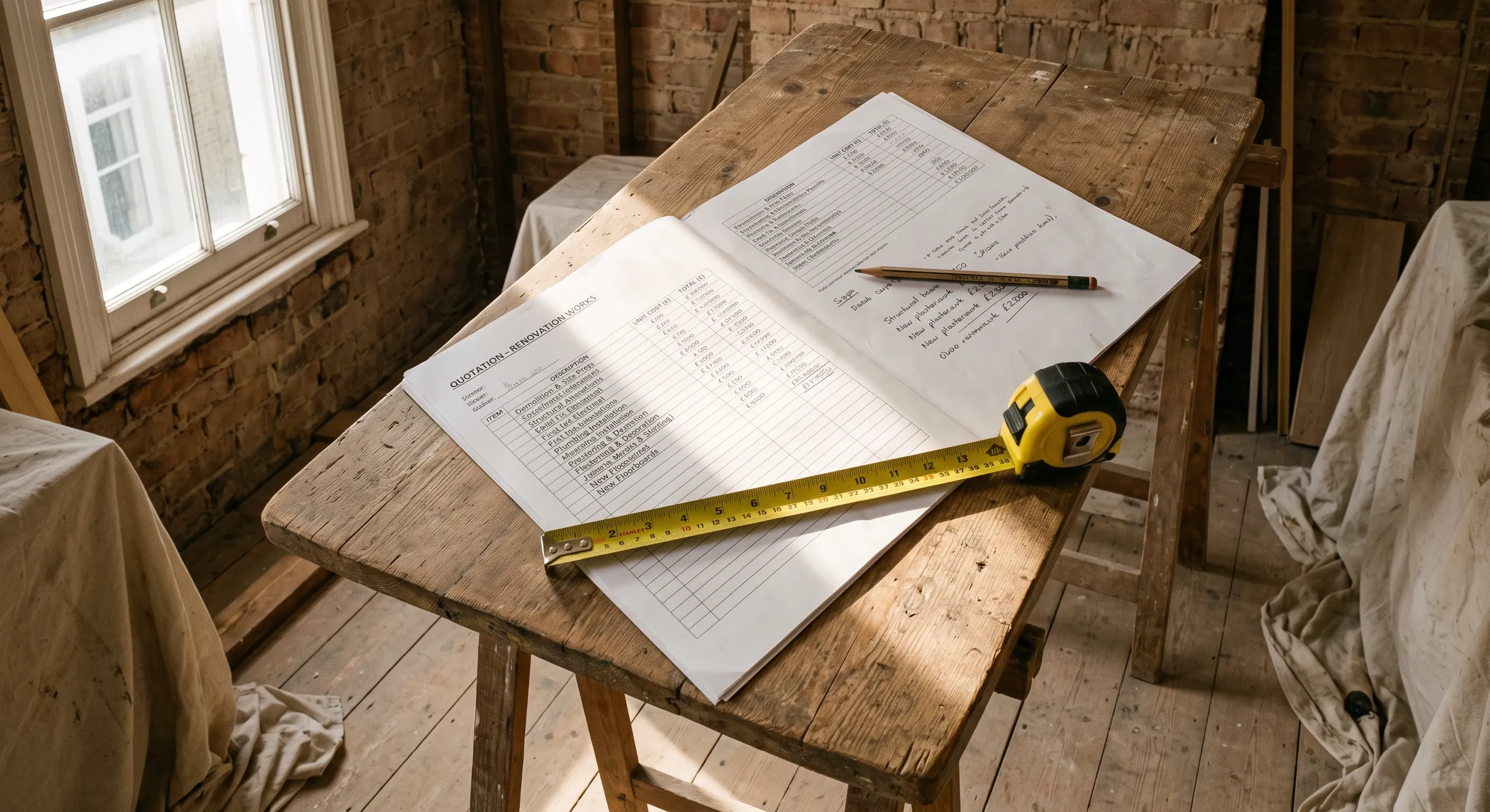 A building quote and tape measure laid out on a trestle table in a stripped room.