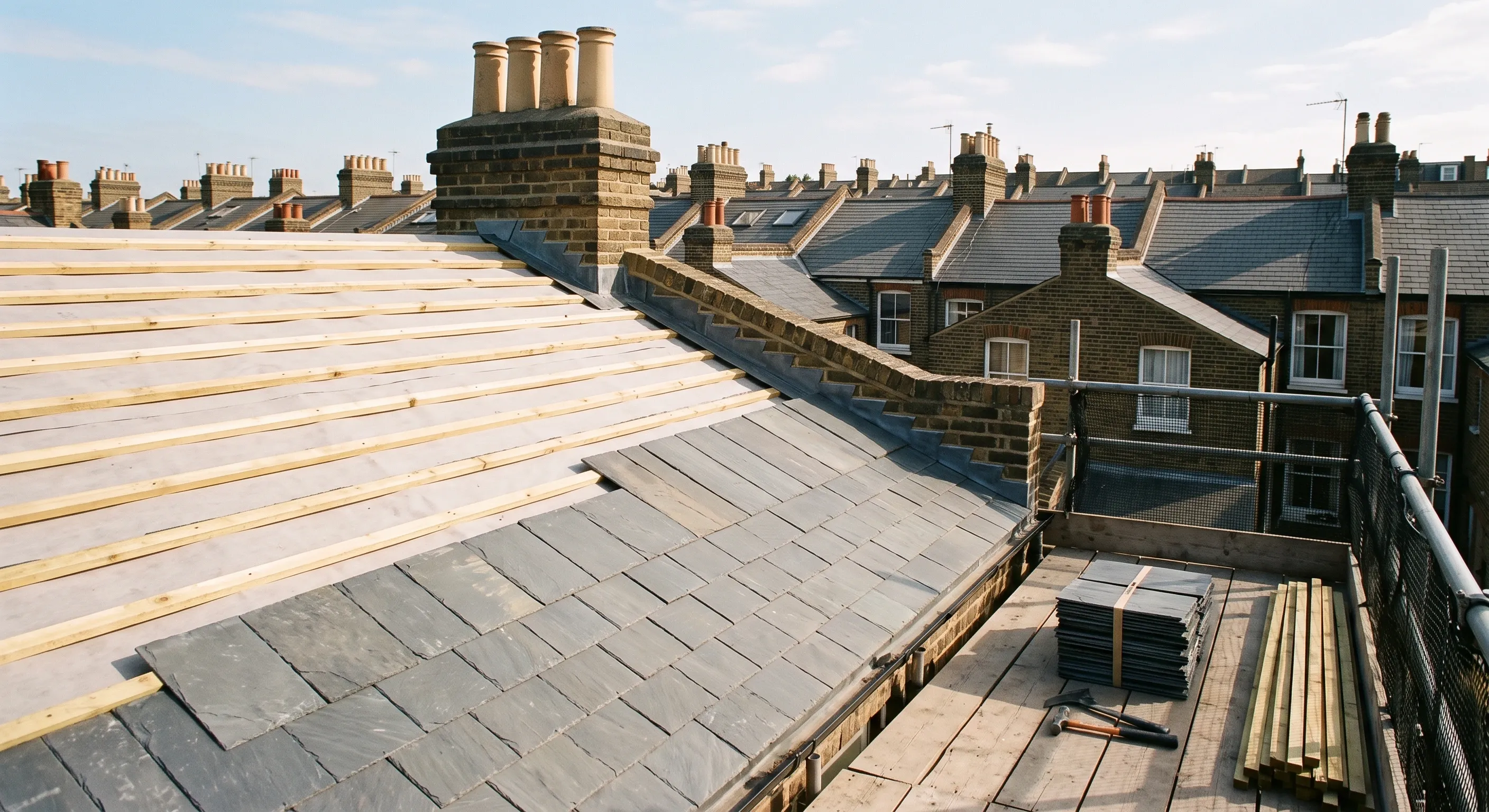 New slate courses and evenly gauged battens on a stripped rear roof slope with slate stacked on the scaffold deck and London roofscape behind.