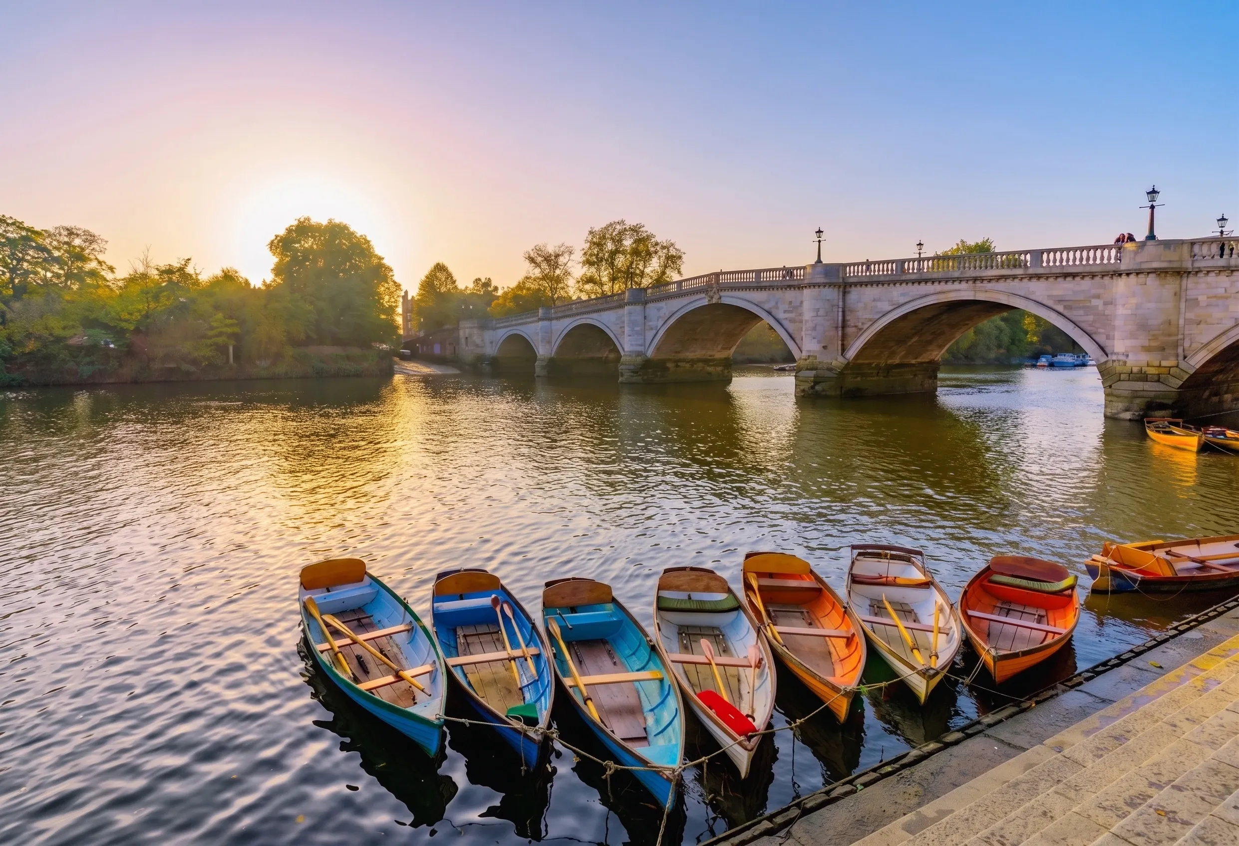 Richmond Bridge's stone arches over the Thames at sunset, with a row of moored wooden rowing boats tied along the towpath in the foreground.
