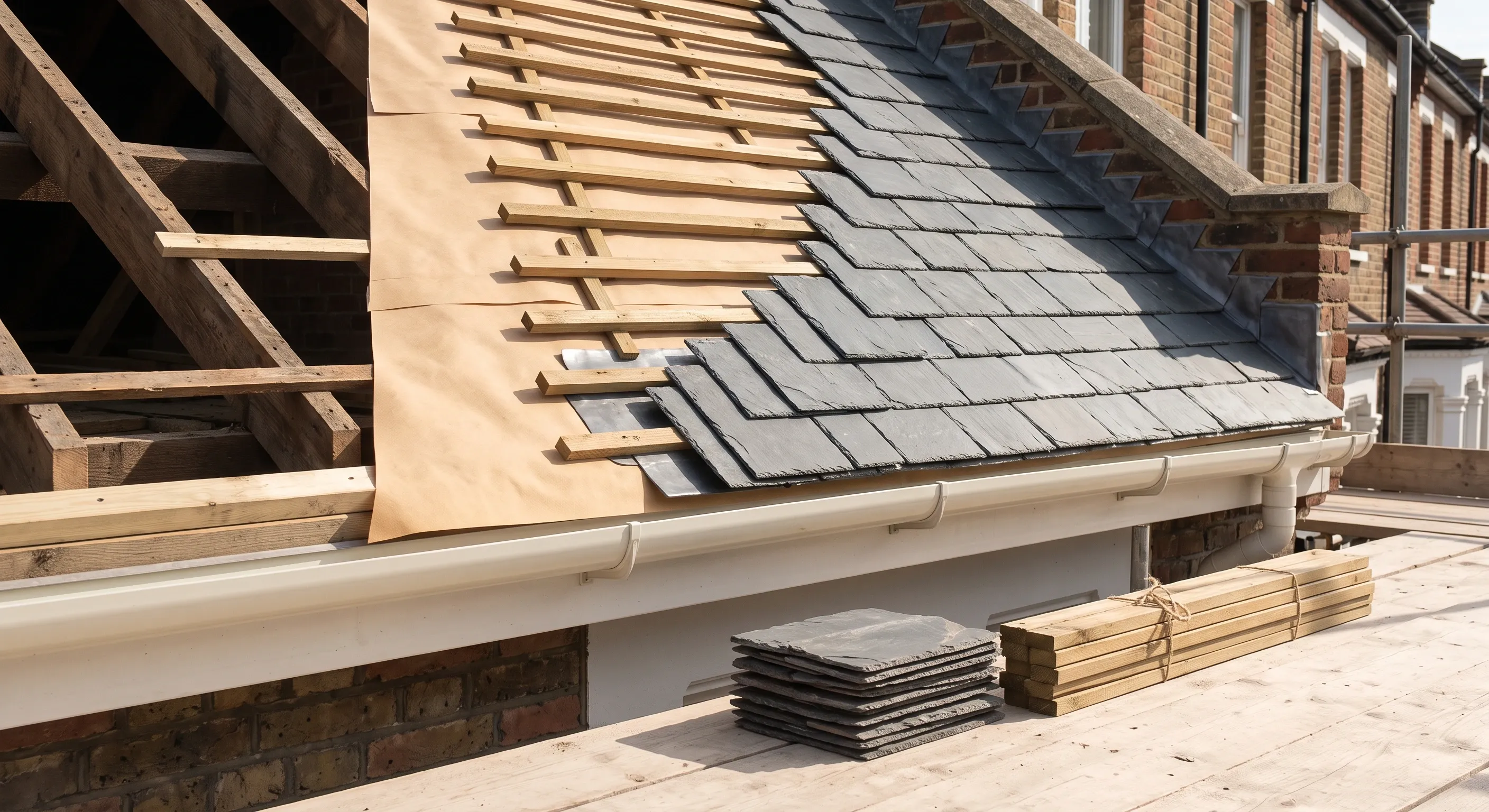 The stepped edge of a roof re-covering showing rafters, membrane, battens, eaves course and finished slates in one view.