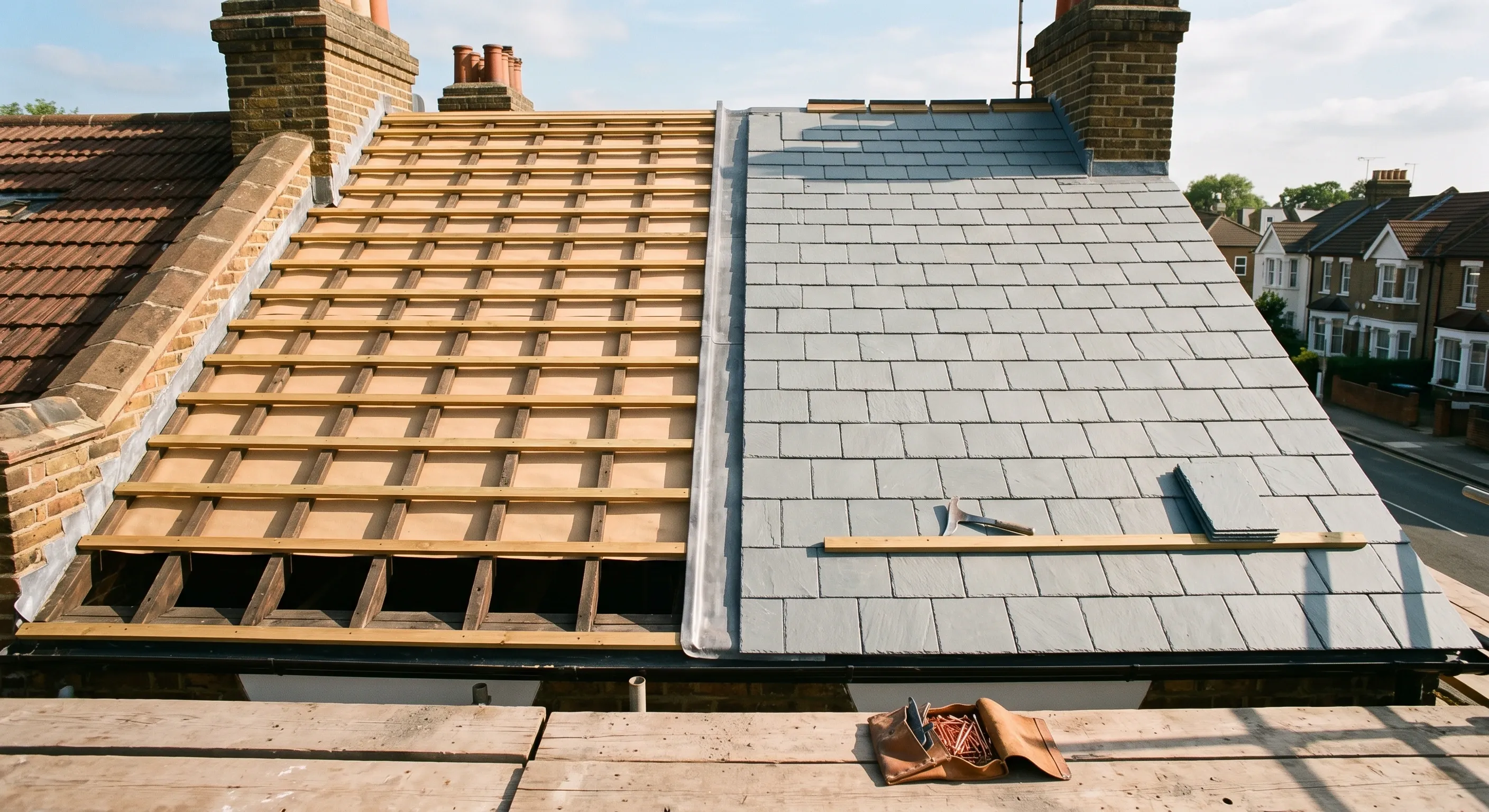 A pitched roof with rafters, membrane and battens exposed on one side and new slate courses laid on the other, with a lead valley between.