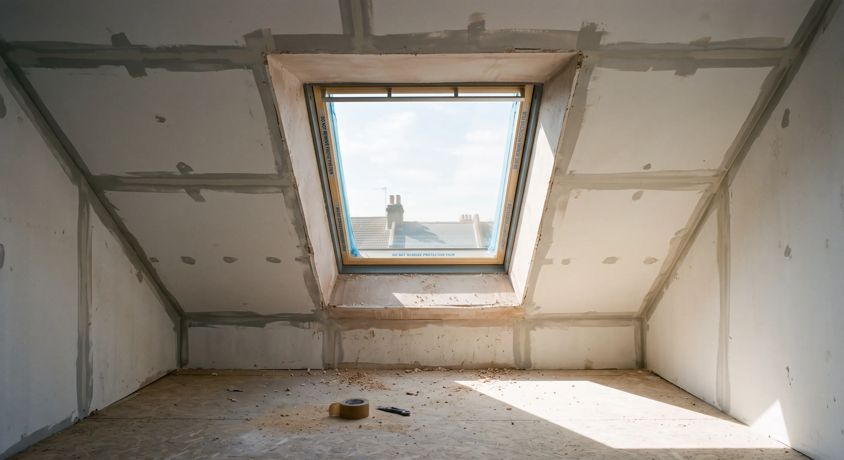 A newly fitted rooflight in a sloping loft ceiling casting a bright patch of daylight on the floor.