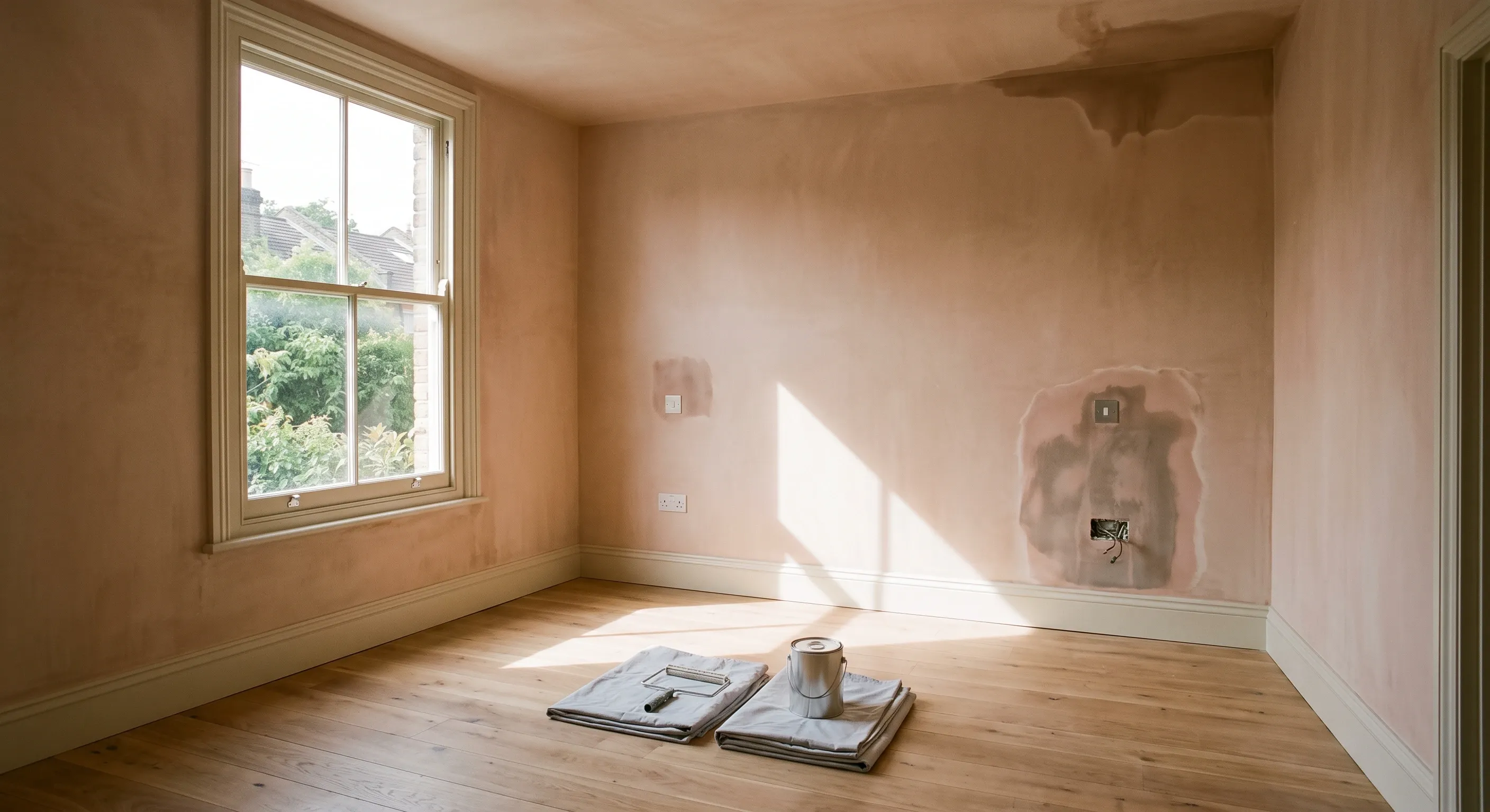 A finished room with curing plaster patches on the walls and dust sheets folded ready, before any decorating has started.