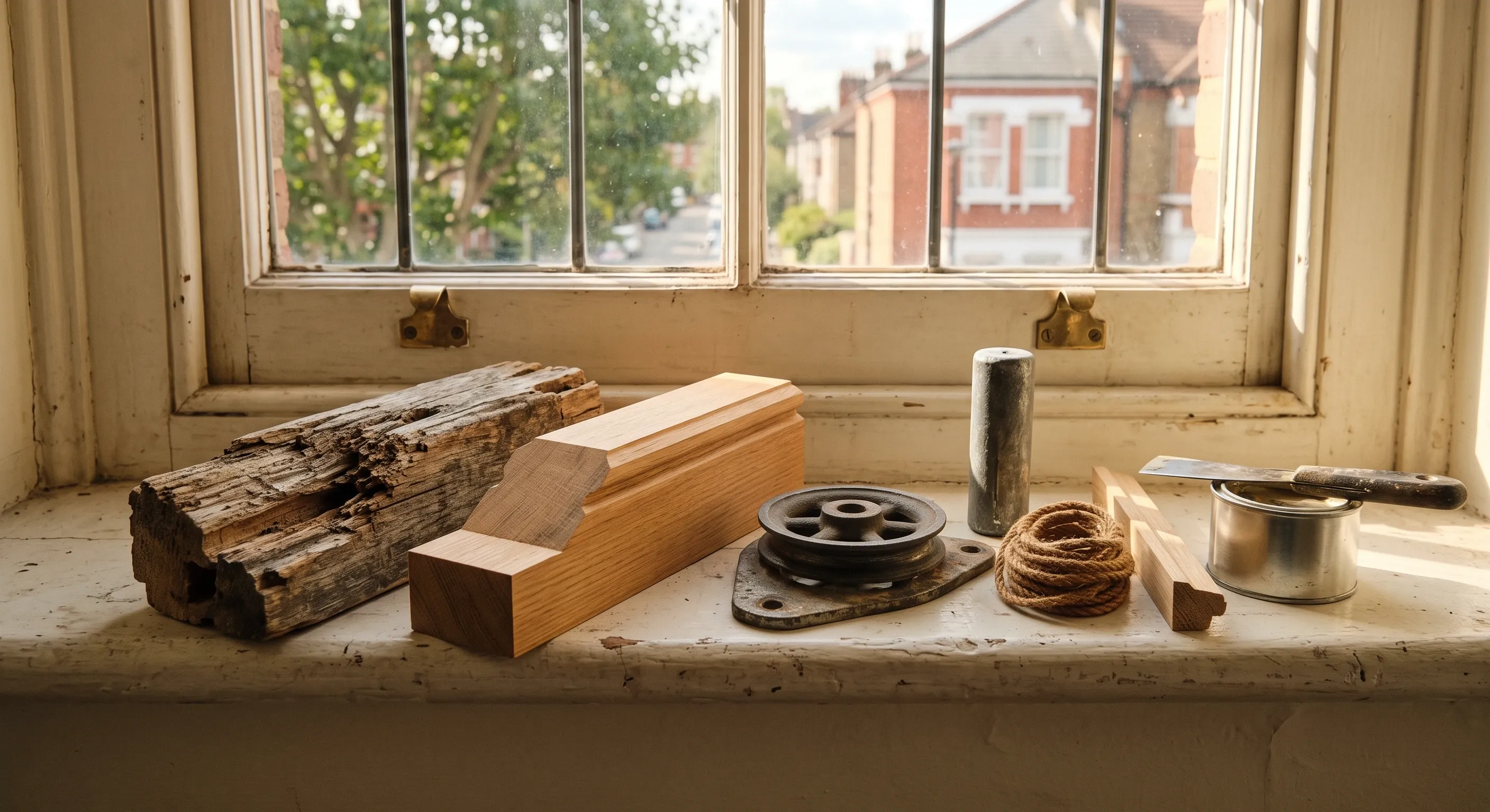A cut out section of decayed sash cill lies beside a newly machined timber splice with a pulley, lead weight, sash cord and putty knife on the window board.