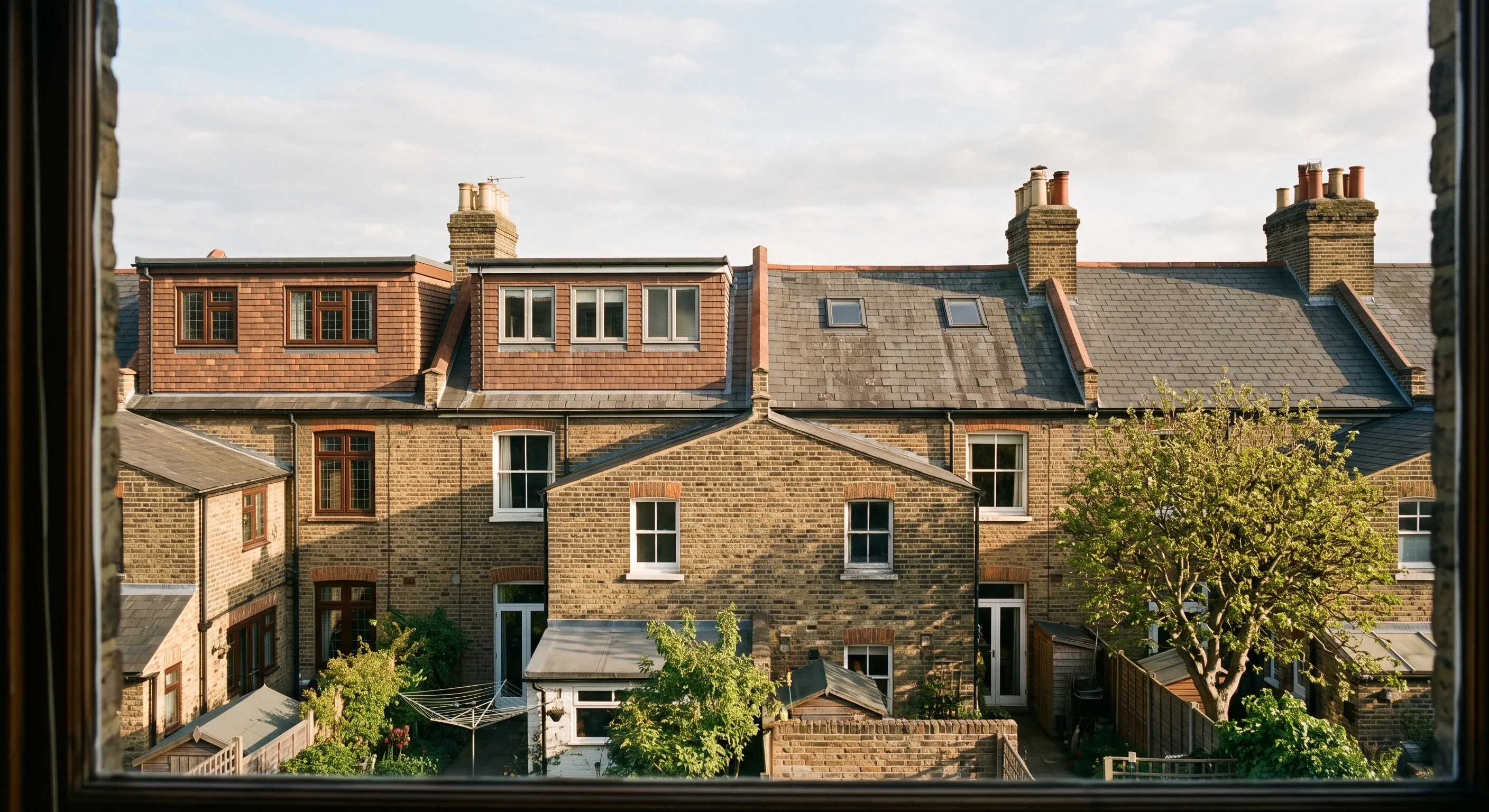 The rear roofs of four adjoining terraced houses, three with dormers of differing widths and set-backs and one unaltered slate slope.