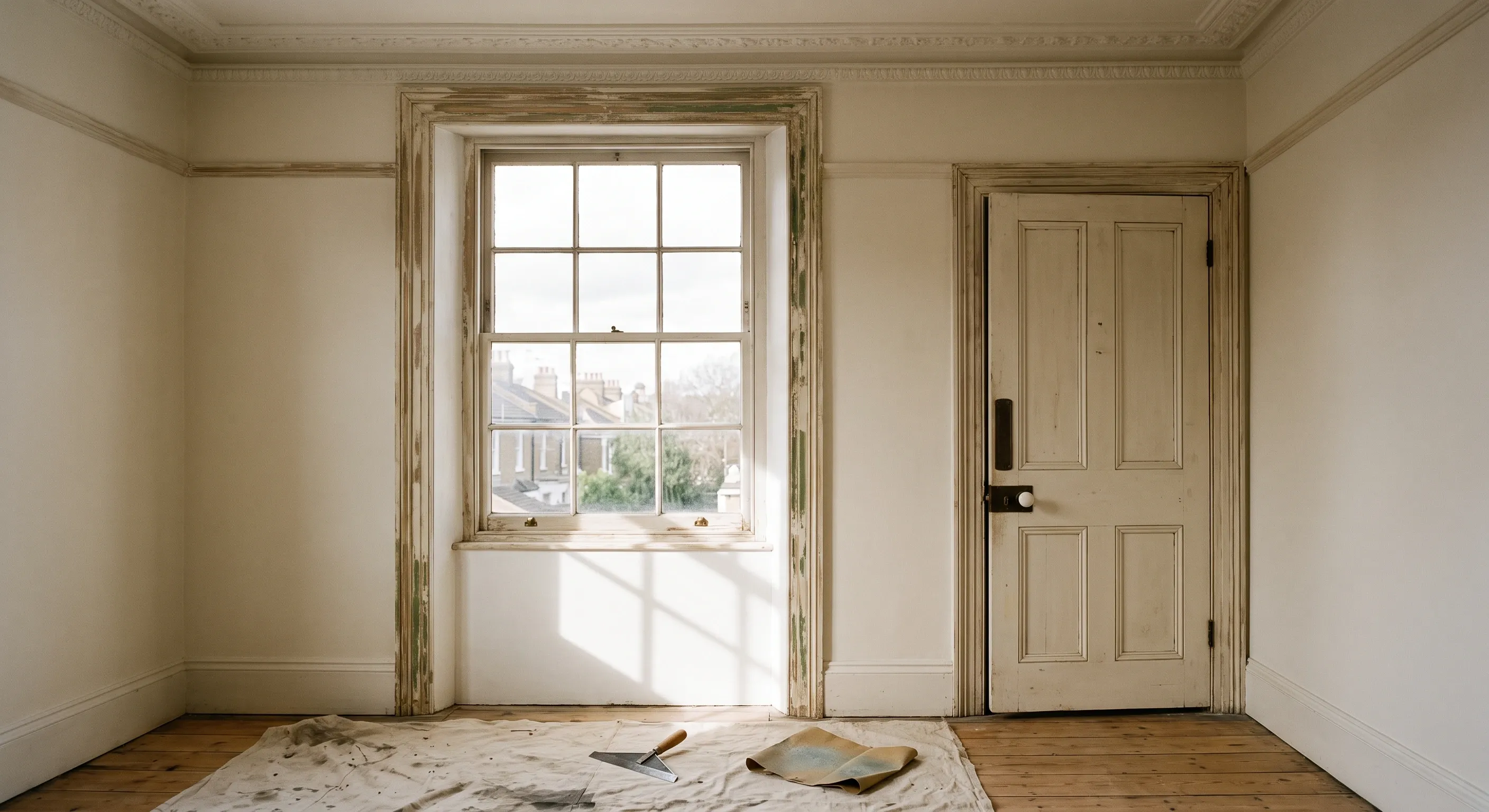 A period room corner showing a glazing-barred sash window, a panelled door, picture rail and moulded cornice part way through rubbing down.
