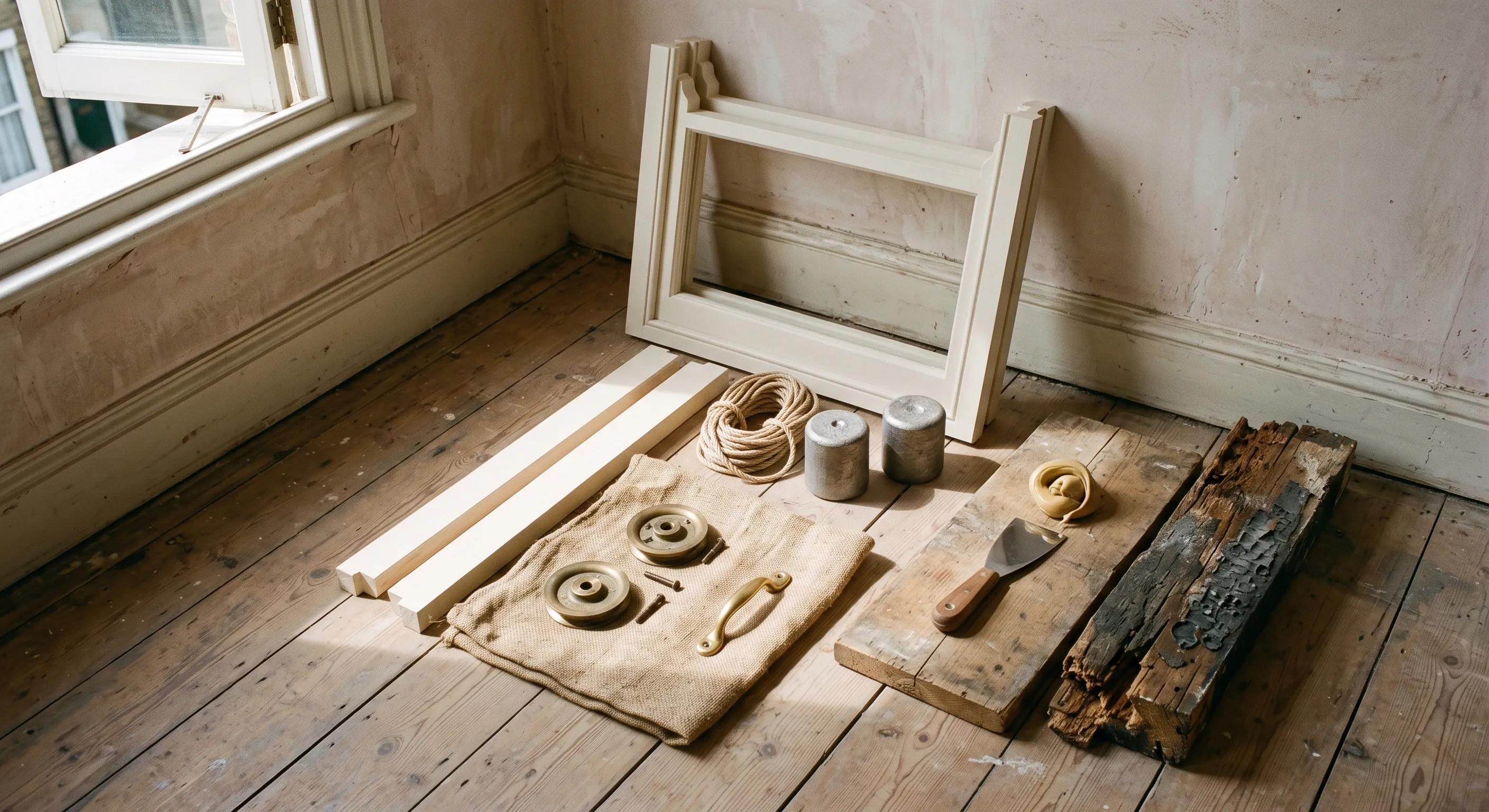 A newly made sash, coils of cord, lead weights, brass pulleys, putty and a sawn-off rotten cill section laid out on bare floorboards.