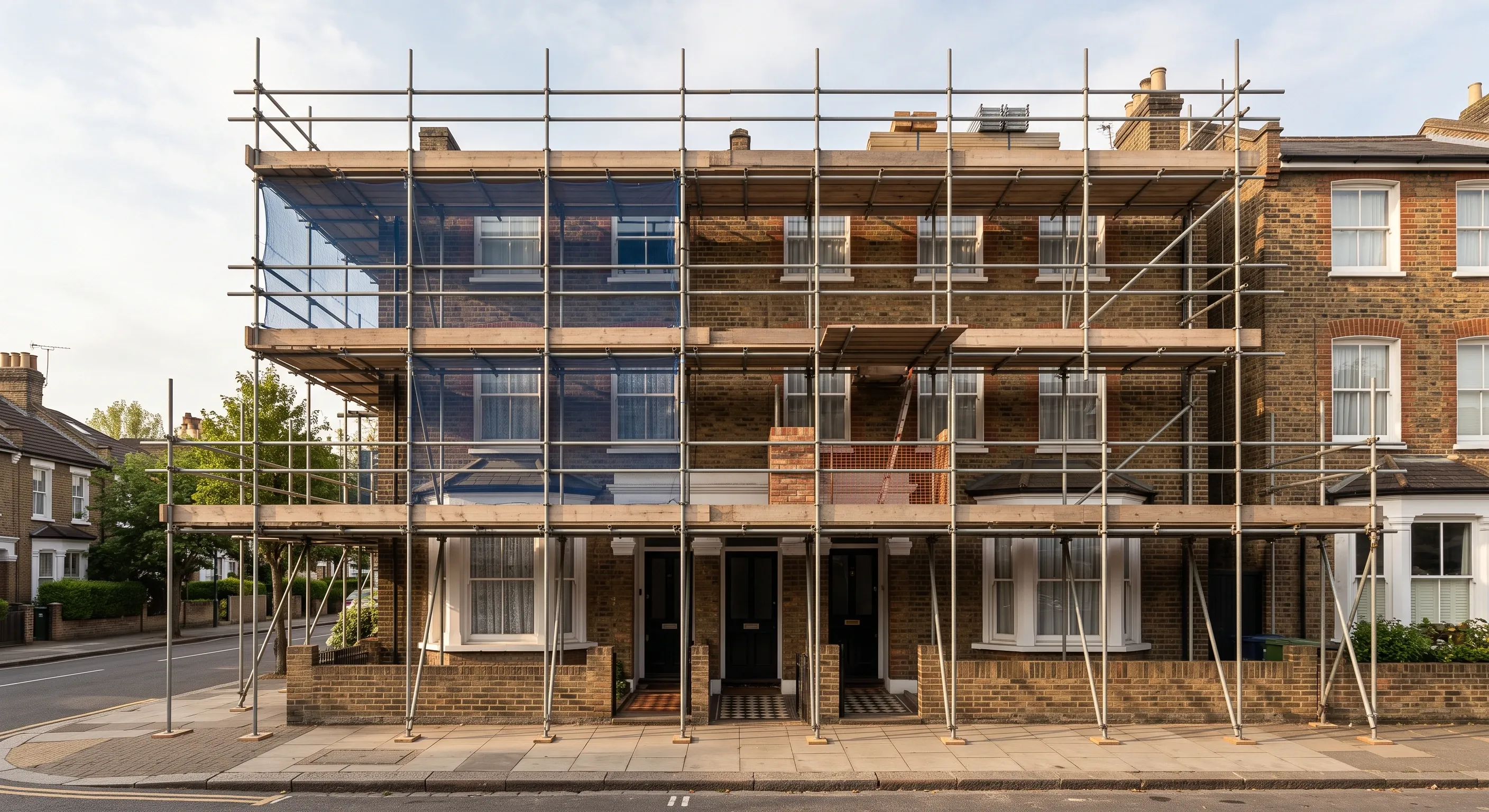 A scaffold on a Victorian terrace front with a boarded gantry over the pavement, guard rails, toe boards and a clear walkway beneath.