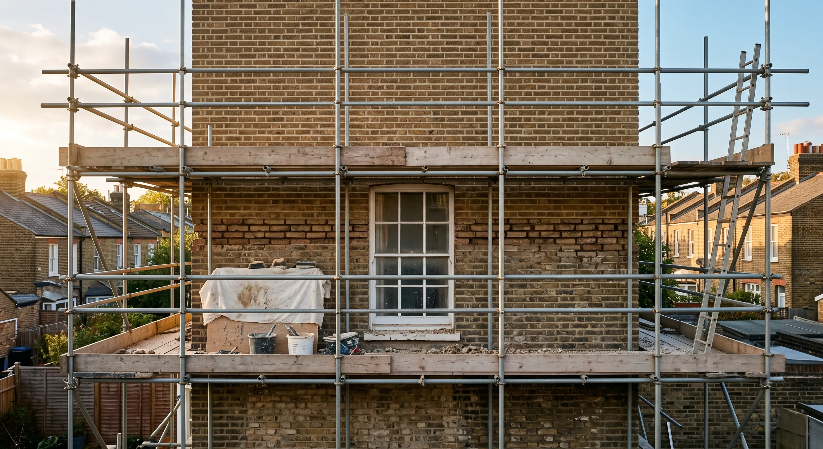 A scaffolded brick rear elevation with the top band repointed, the middle band raked out and open, and the lowest band untouched.