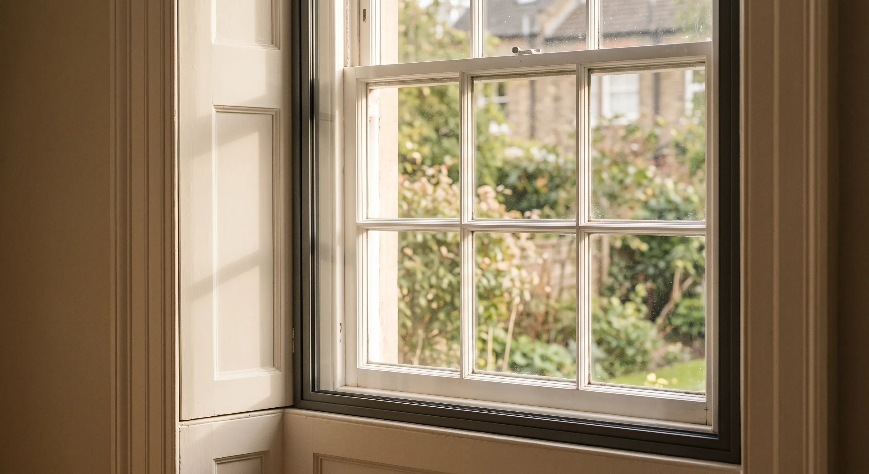 A slim secondary glazing panel fitted inside the reveal of a sash window, with the original sash visible behind.