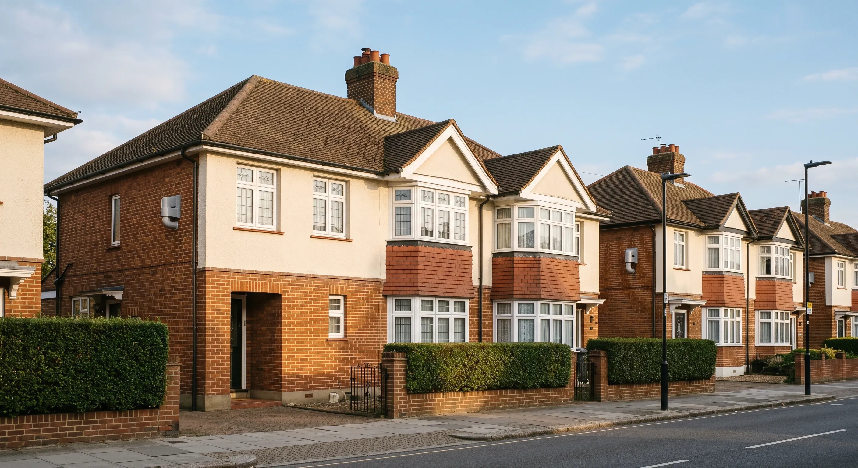 A row of London semi detached houses with boiler flue terminals set neatly in the first floor brickwork, lit from one side.