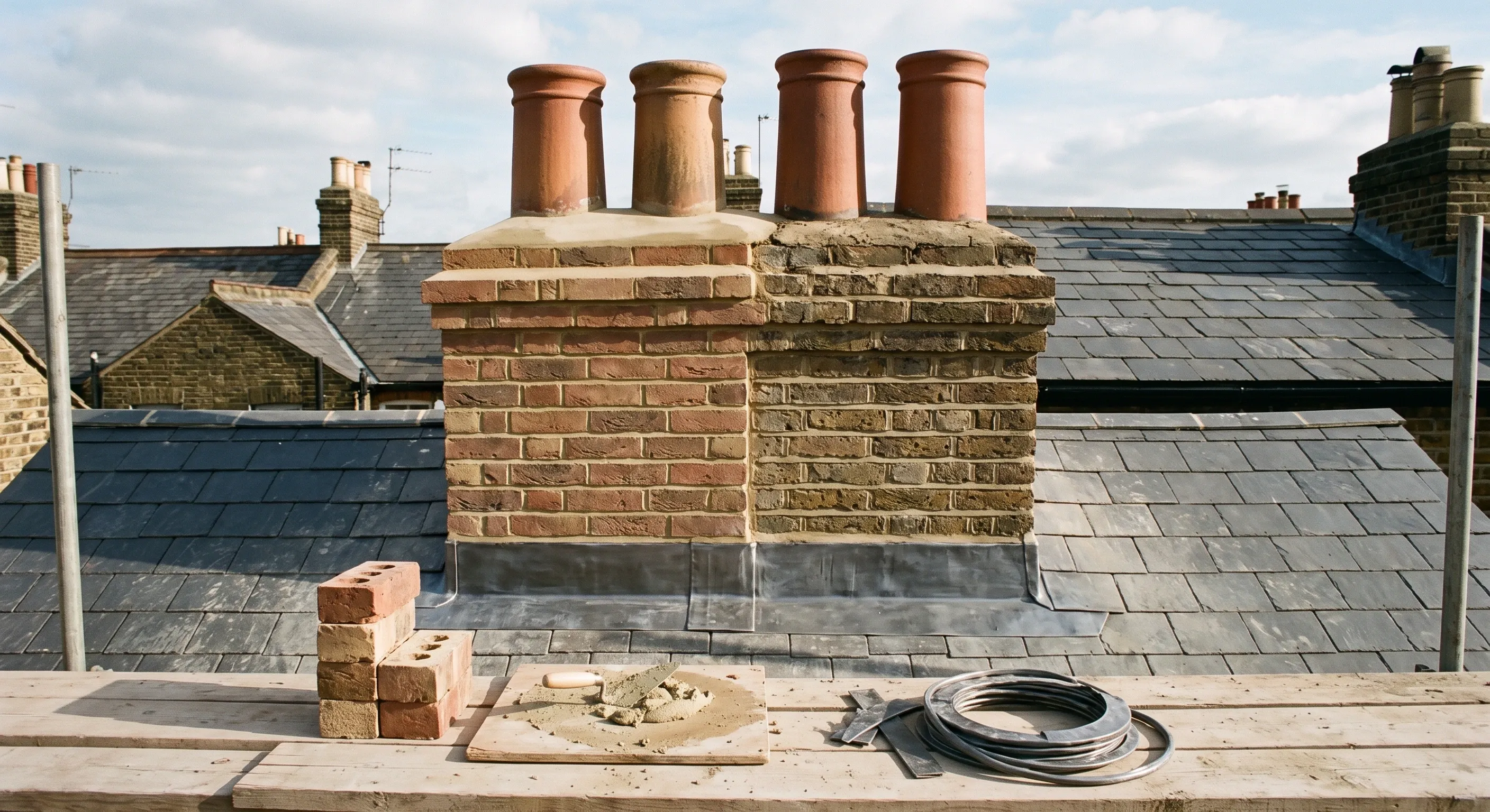 A shared party chimney stack part rebuilt and repointed, with new stepped lead flashing dressed into the roof slope and clay pots reset.