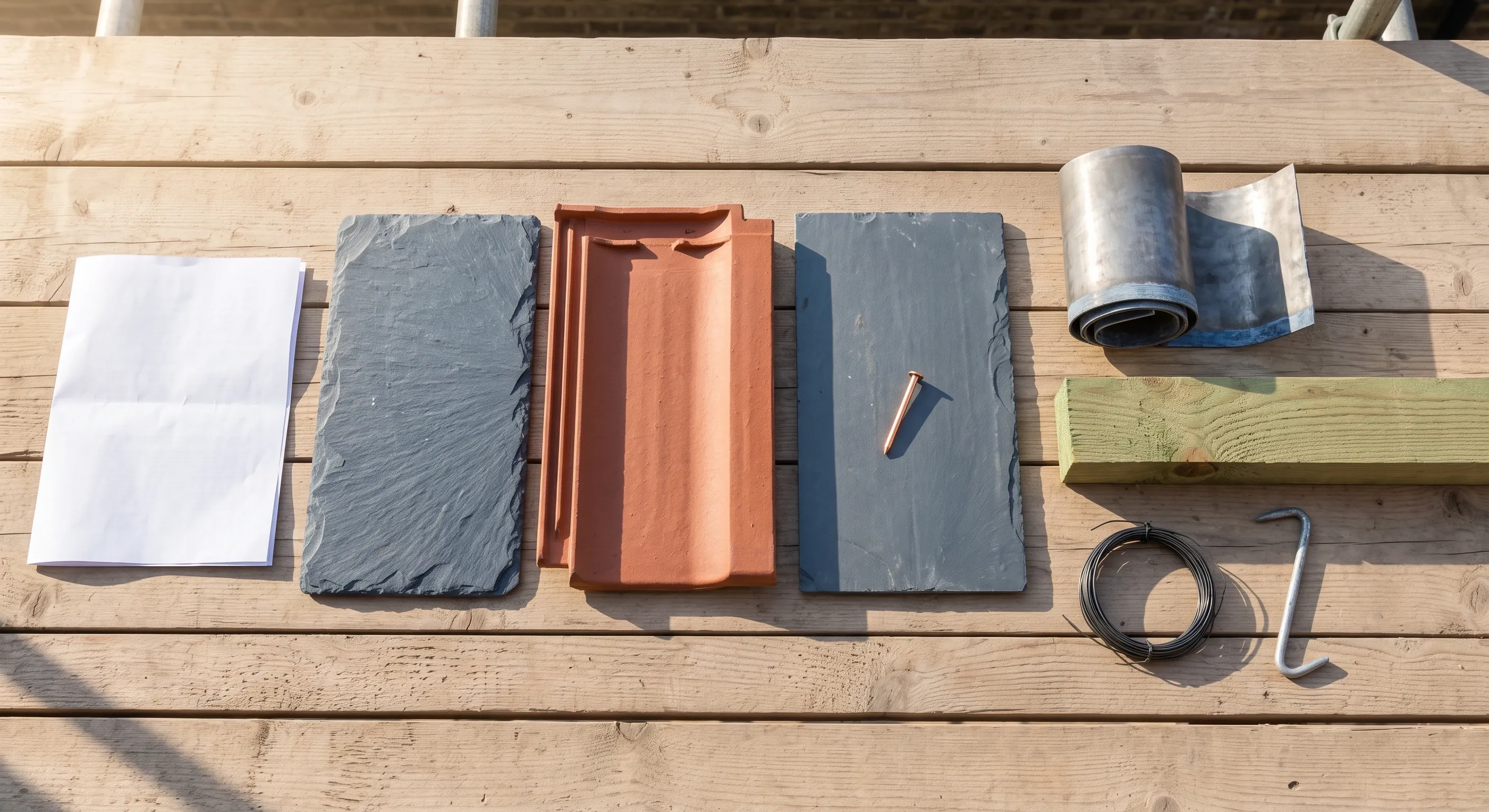 A natural slate and a clay plain tile side by side with a rolled length of lead, a batten offcut and roofing nails laid out on scaffold boards.