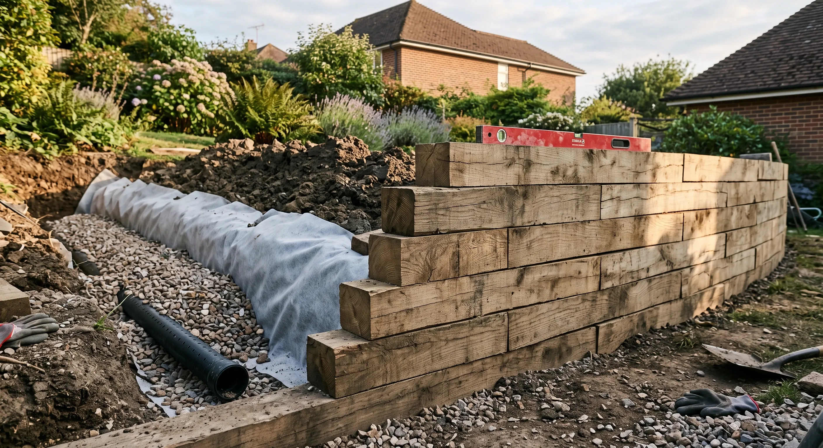 A sleeper retaining wall part built on a sloping garden, with shingle backfill and a perforated land drain behind it.