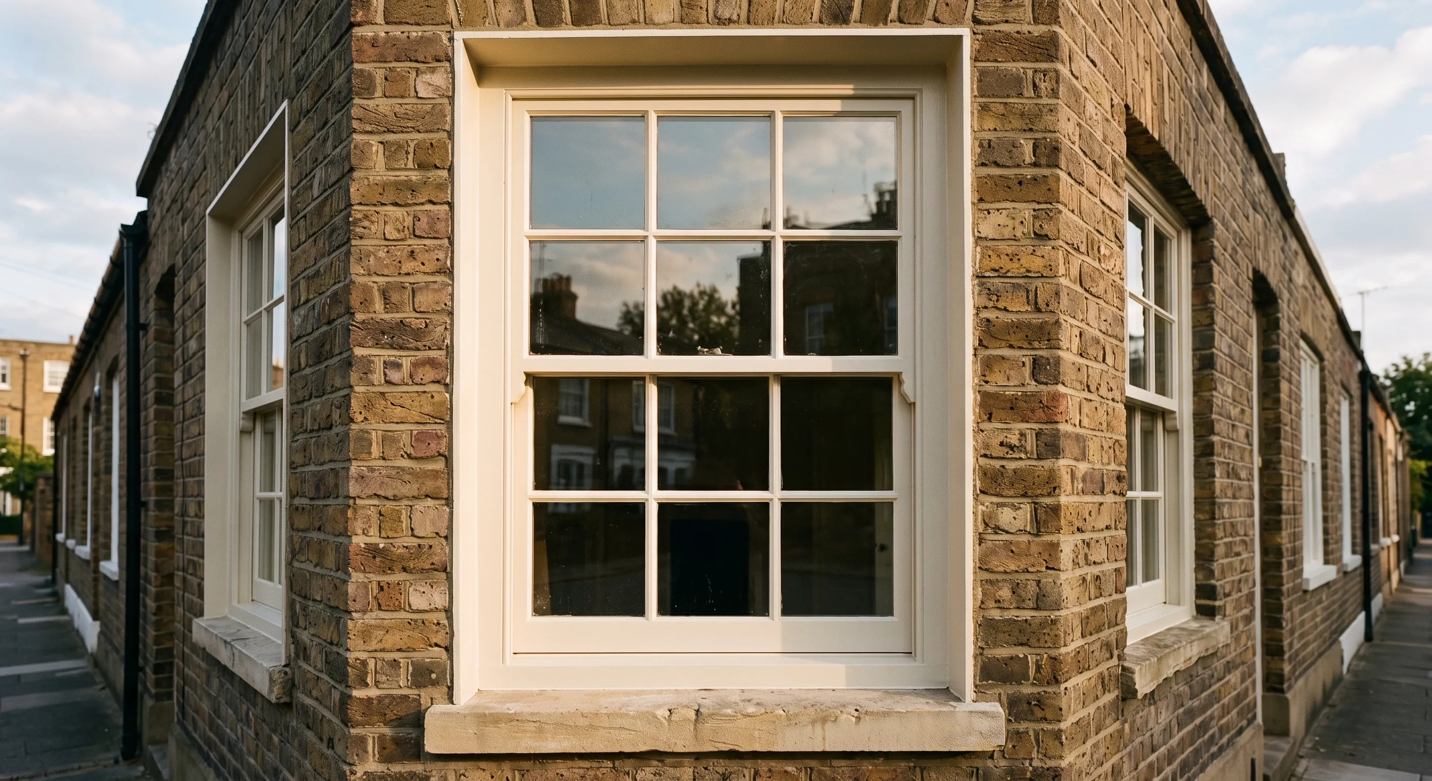 A close view of an overhauled sash window with slim glazing bars, bevelled putty lines and horns, set recessed in a brick reveal.