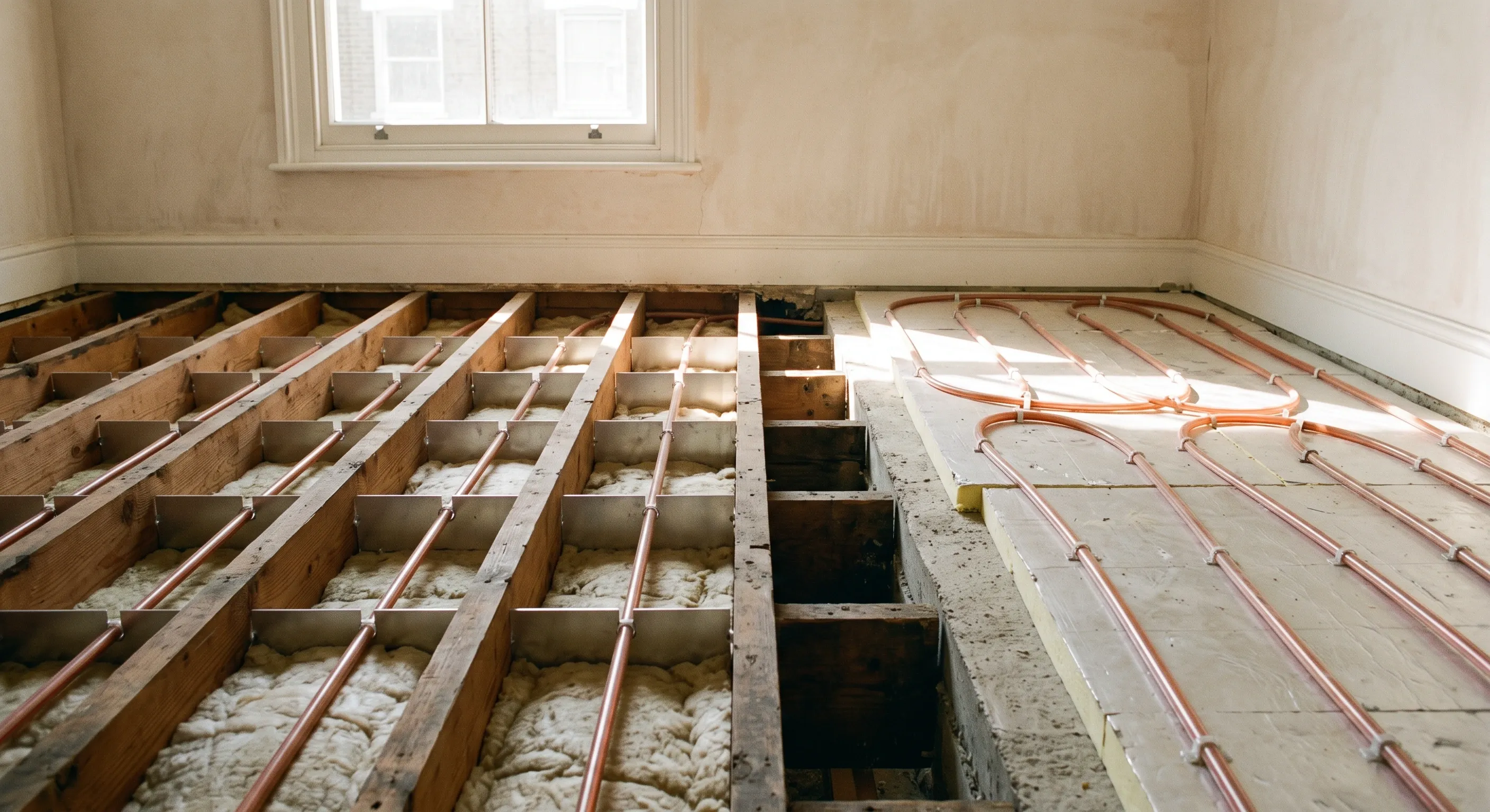 An open joisted floor with pipe in aluminium spreader plates on one side, meeting an insulated concrete slab with pipe clipped on top on the other.