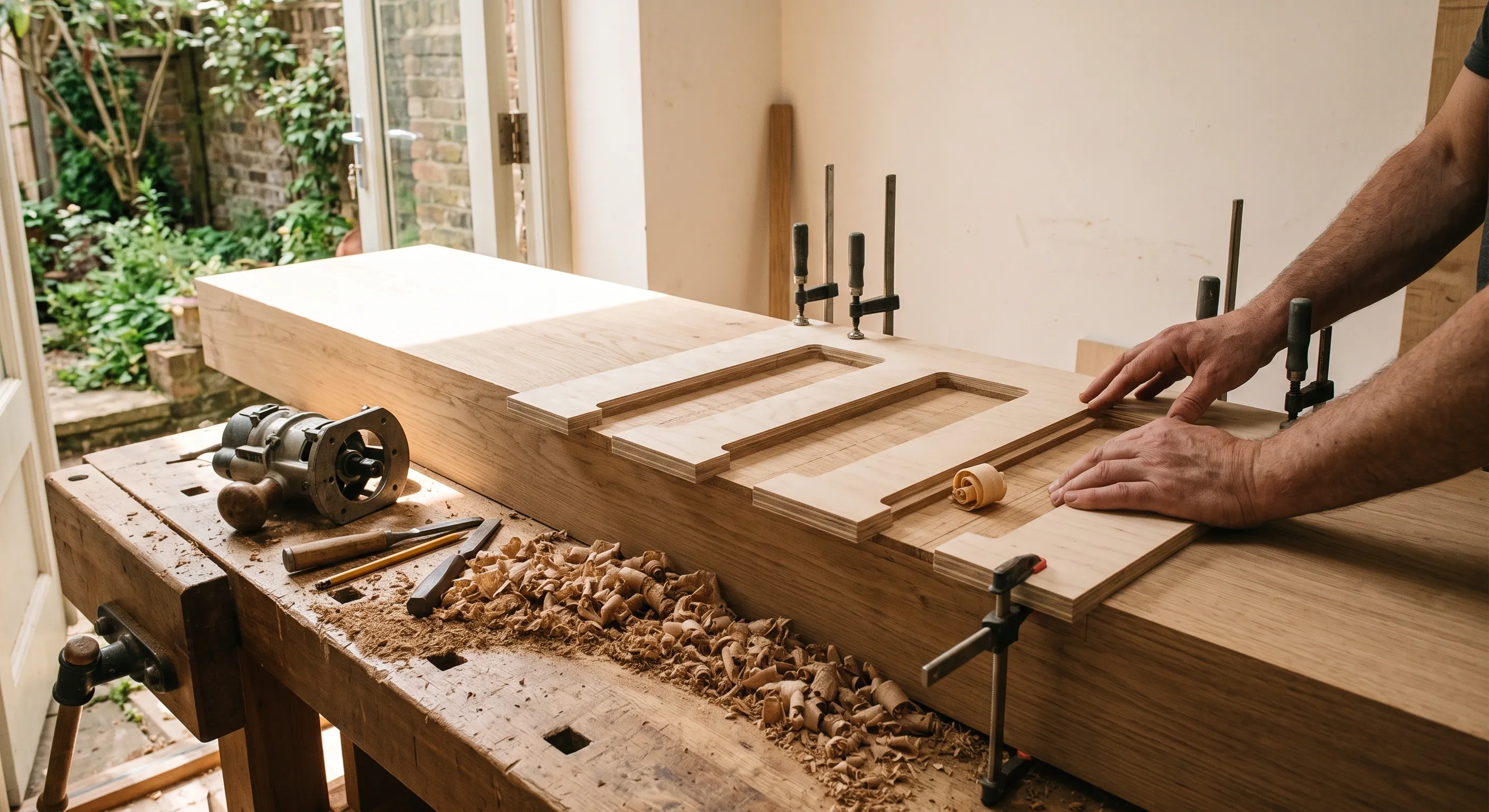 A hardwood stair string on a workbench with tread housings routed out under a clamped template and shavings banked along the bench.