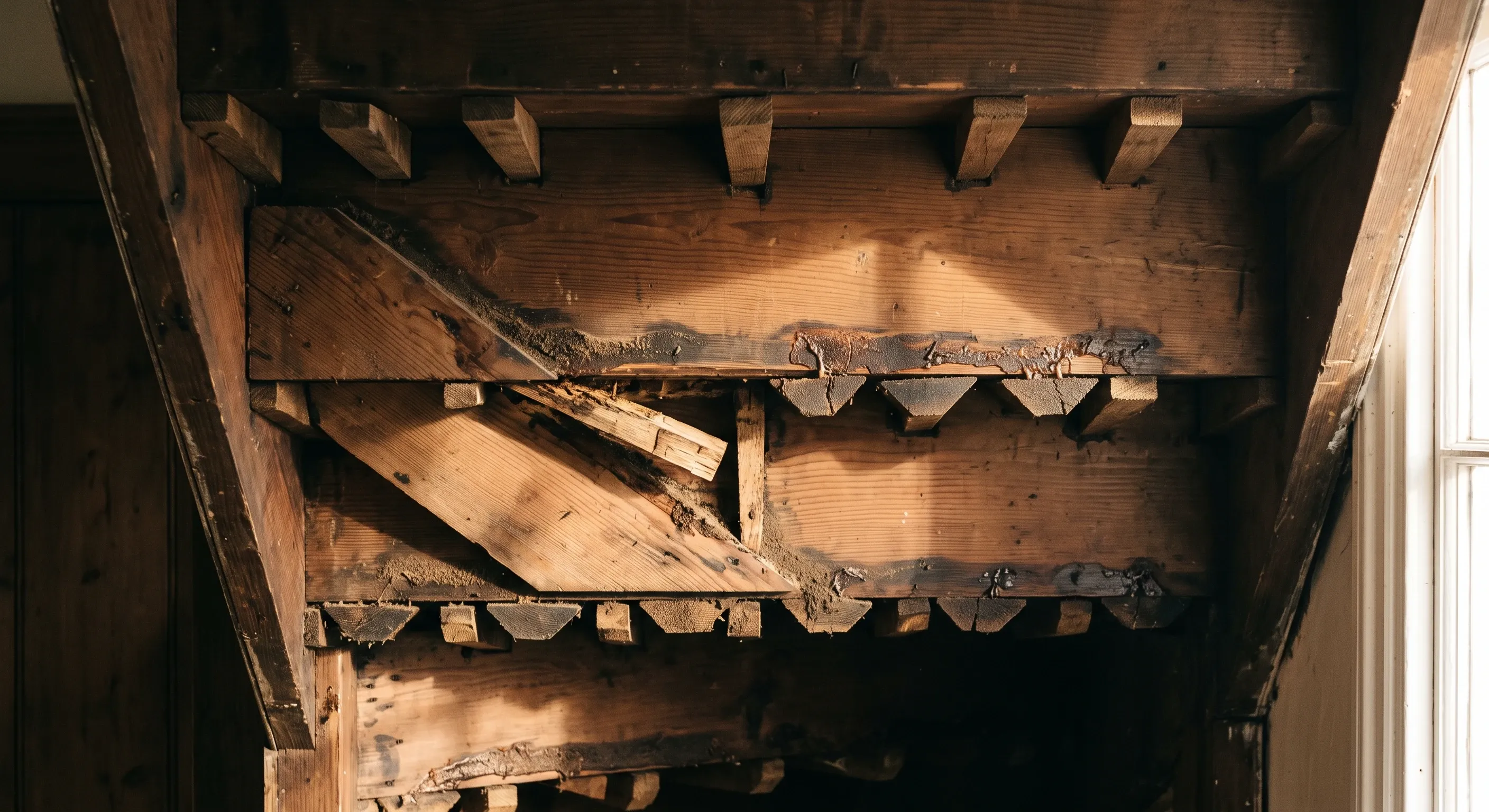 The underside of a Victorian staircase with the soffit removed, showing the strings, wedges and glue blocks.