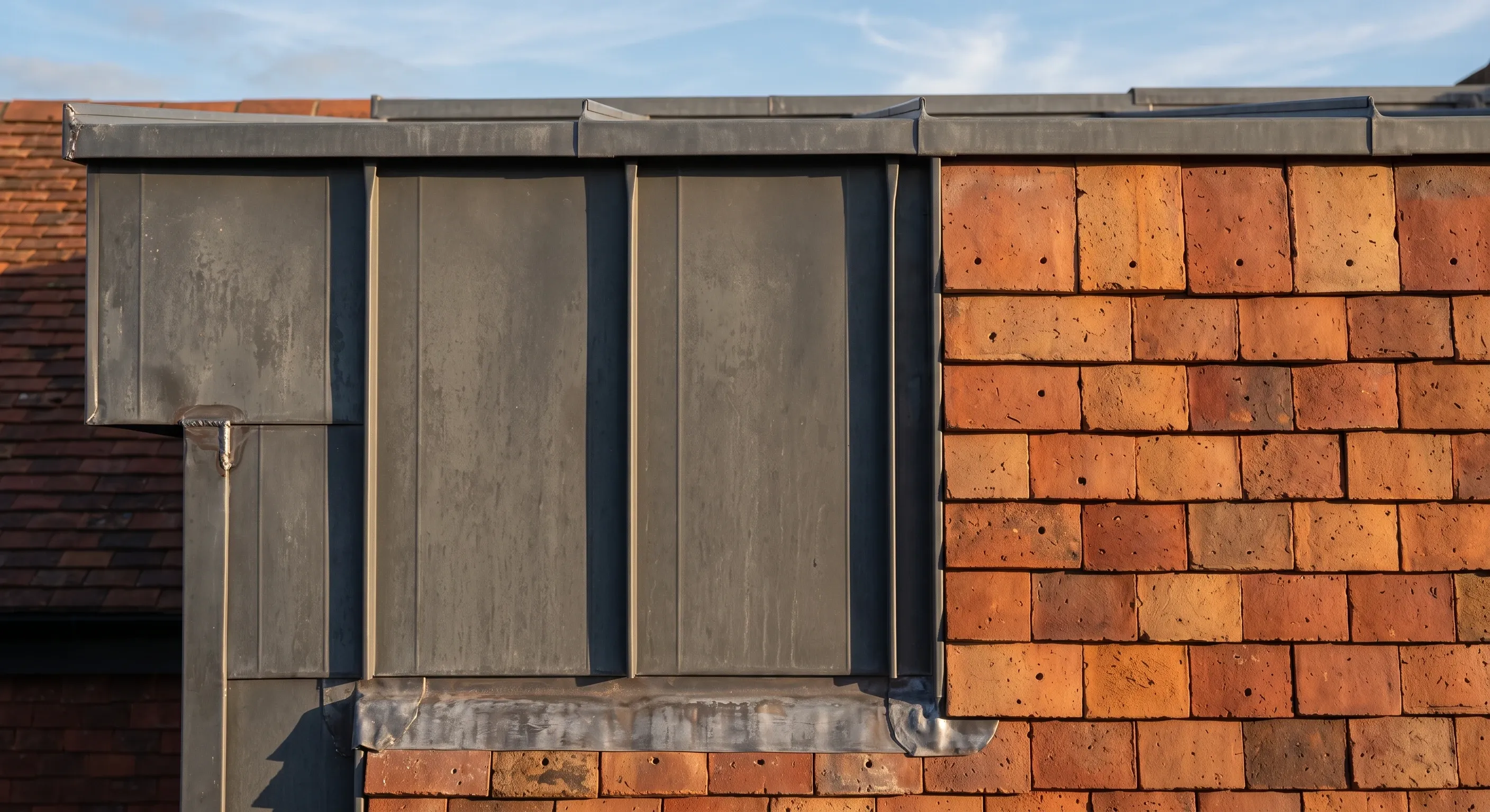 A dormer cheek clad in standing seam zinc meeting a run of clay tile hanging.