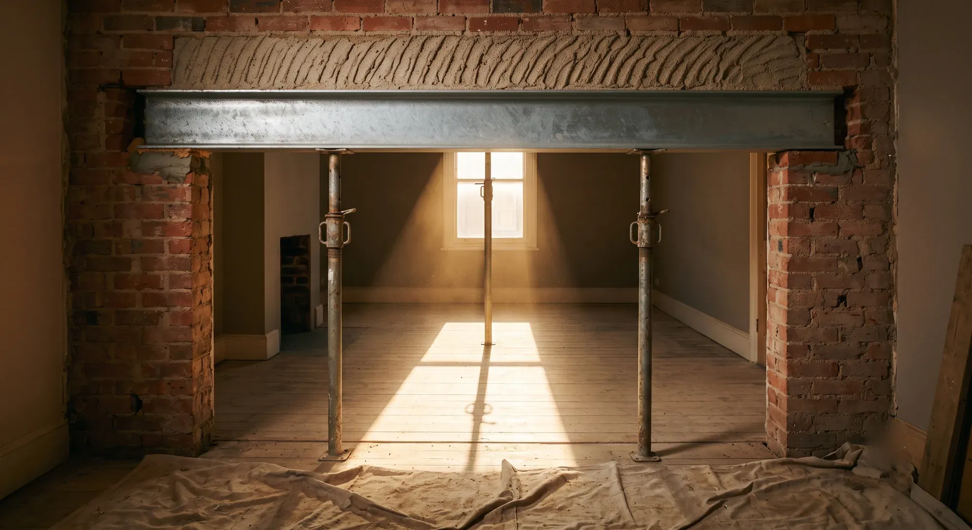 A new steel beam above a knocked-through opening, still supported by adjustable props