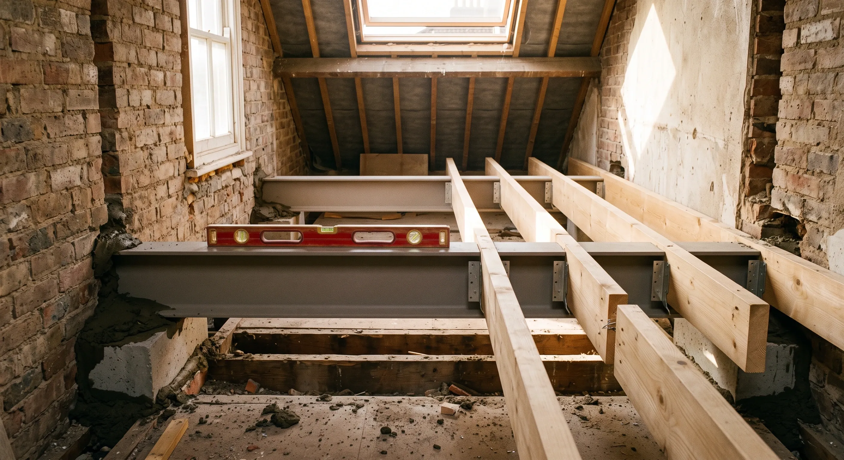 Two steel beams bearing onto concrete padstones in a party wall at loft level, with new floor joists hung in galvanised hangers.