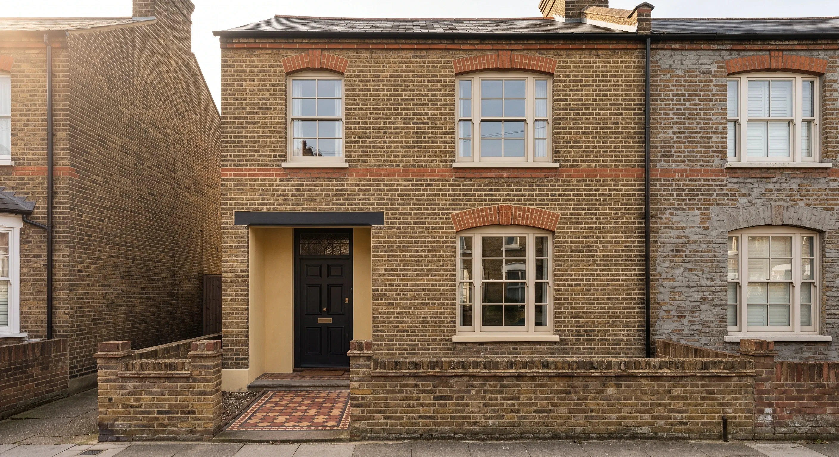 A two storey stock brick terrace frontage seen from the pavement, with gauged arches, fine lime joints and one bay of mismatched earlier pointing.