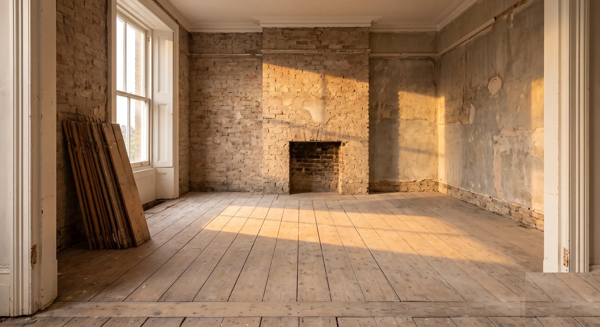 A stripped reception room with exposed brick walls, an open fireplace and floorboards stacked by the window.