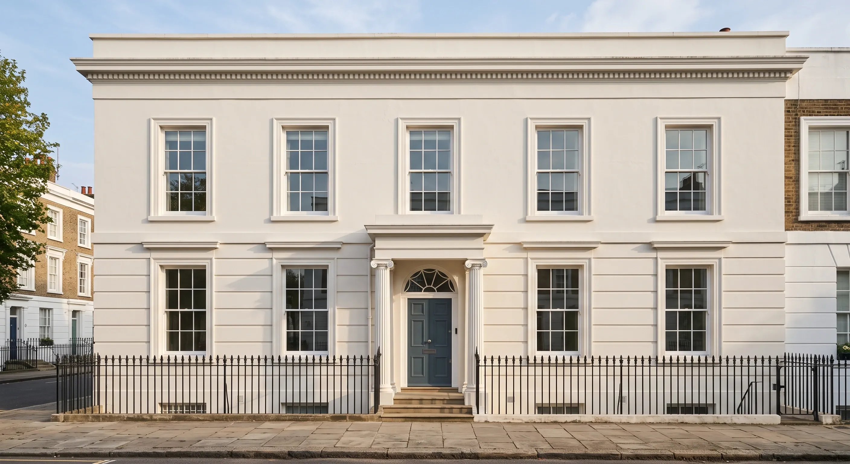 A freshly painted stucco fronted London terrace with crisp sash frames, a portico and dark iron railings in warm morning light.