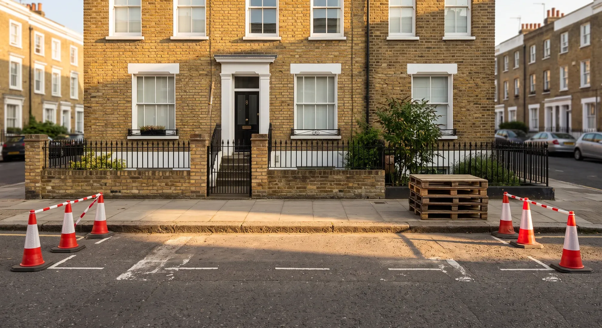 Traffic cones and tape marking out a suspended parking bay outside a London terrace, with pallets on the pavement.