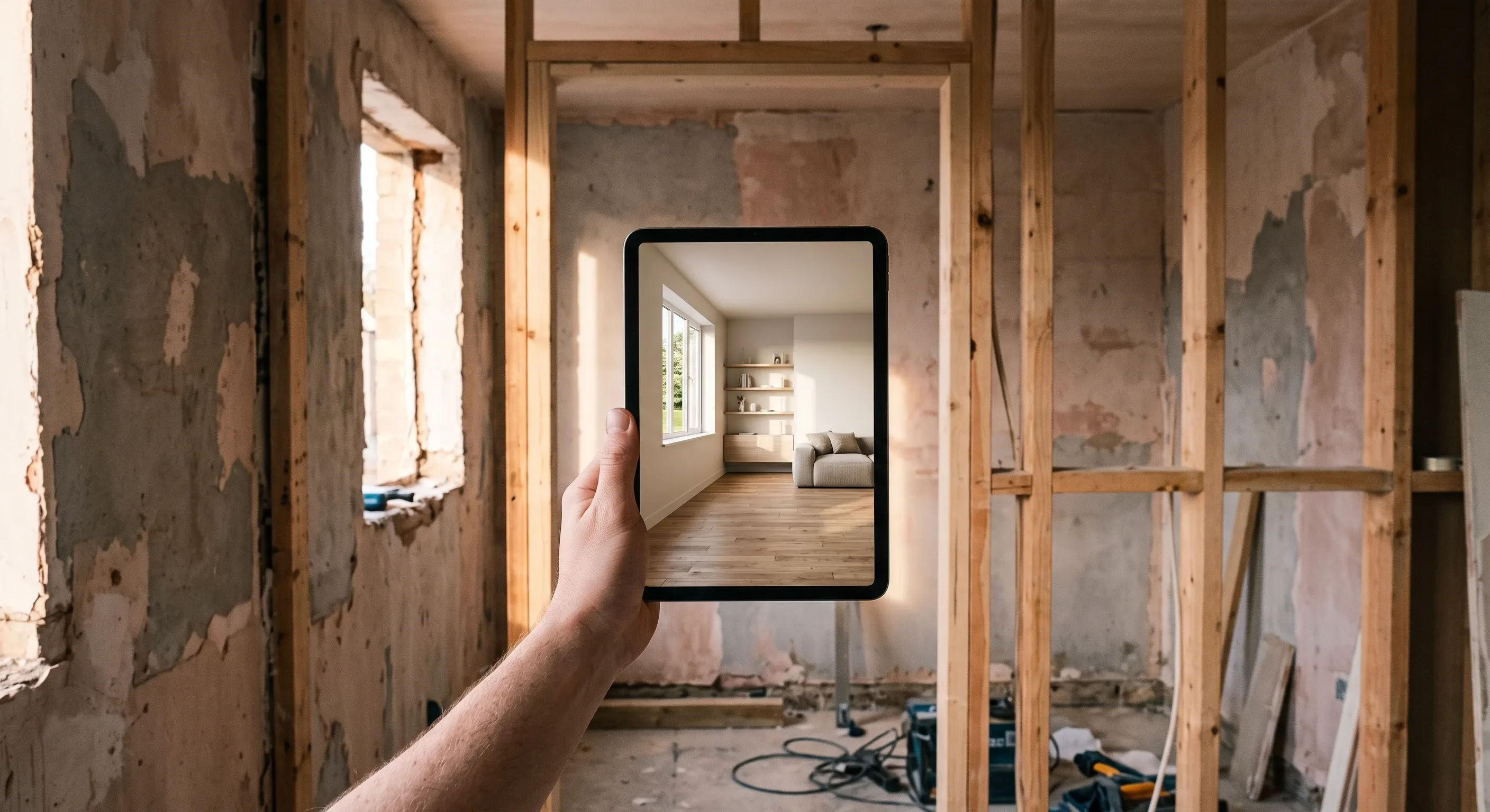 A tablet showing a room render held up inside a stripped-out room mid-renovation.