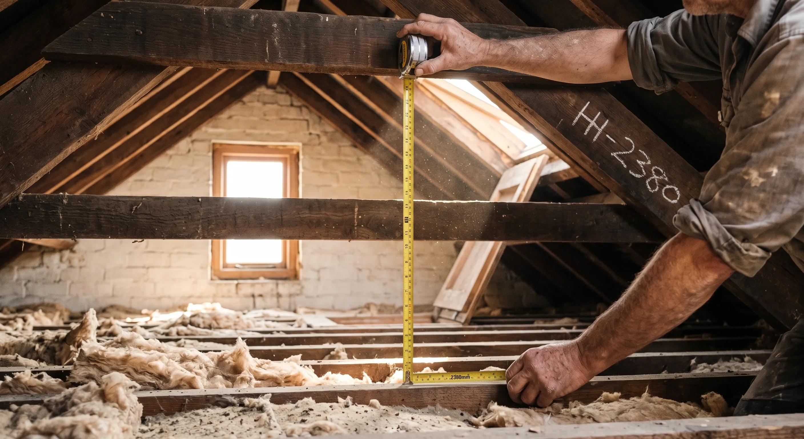 A worker's hands holding a steel tape measure from the ridge board down to the ceiling joists in an unconverted loft.