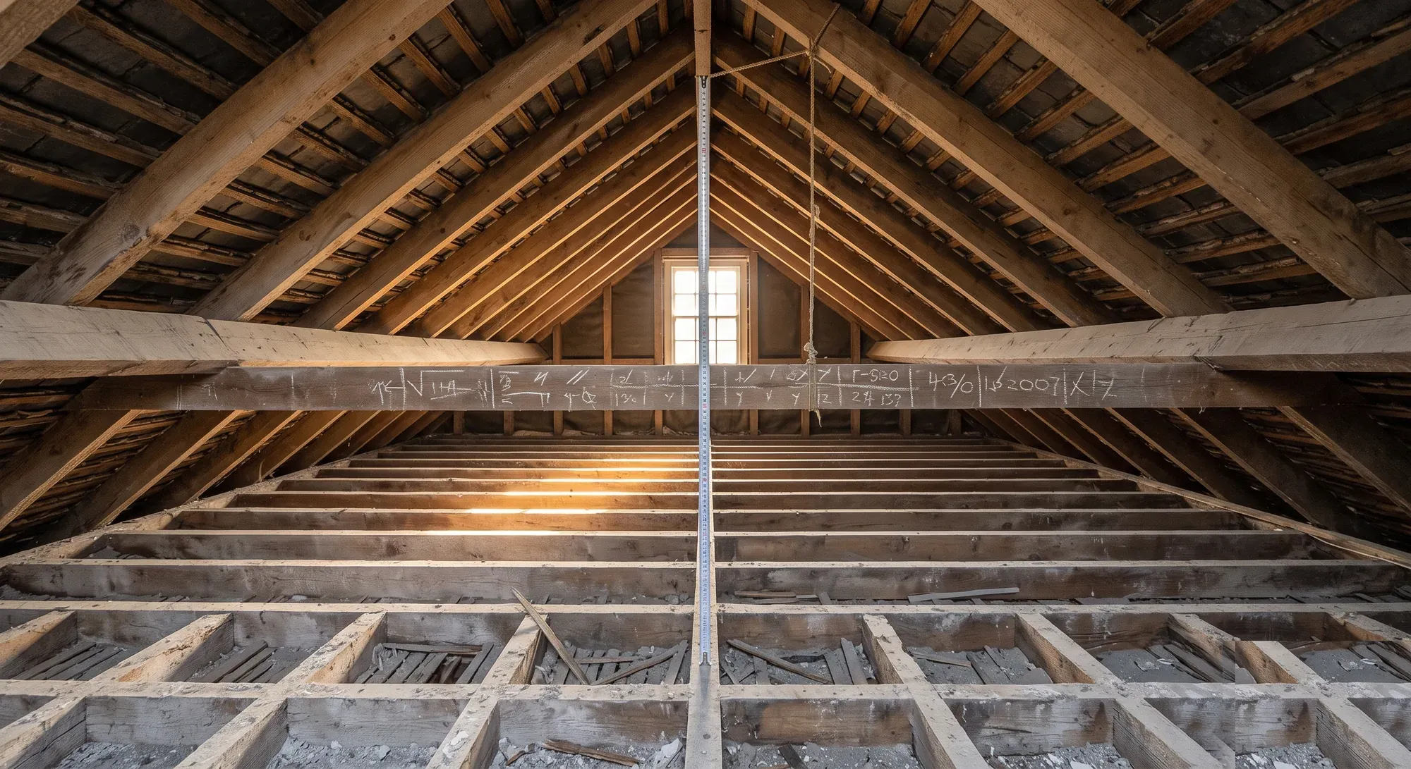 A tape measure running from the loft joists up to the ridge between the rafters of a stripped roof space.