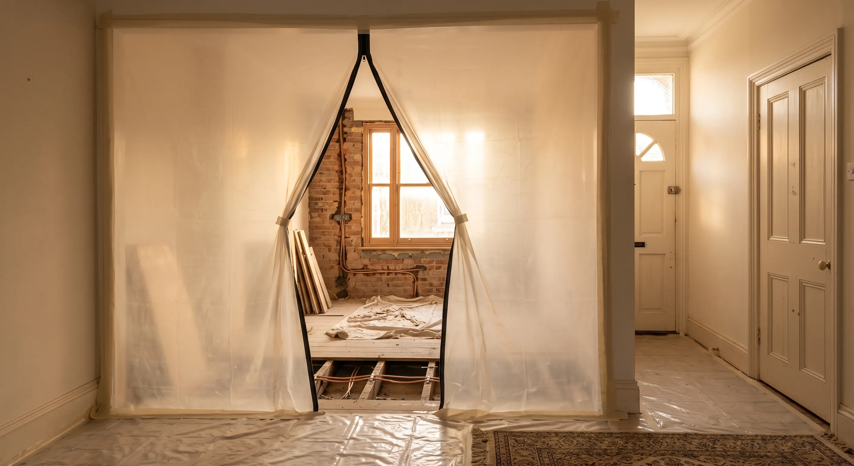 A zipped polythene dust barrier taped across a terraced house hallway, with a stripped room being rewired on the far side.