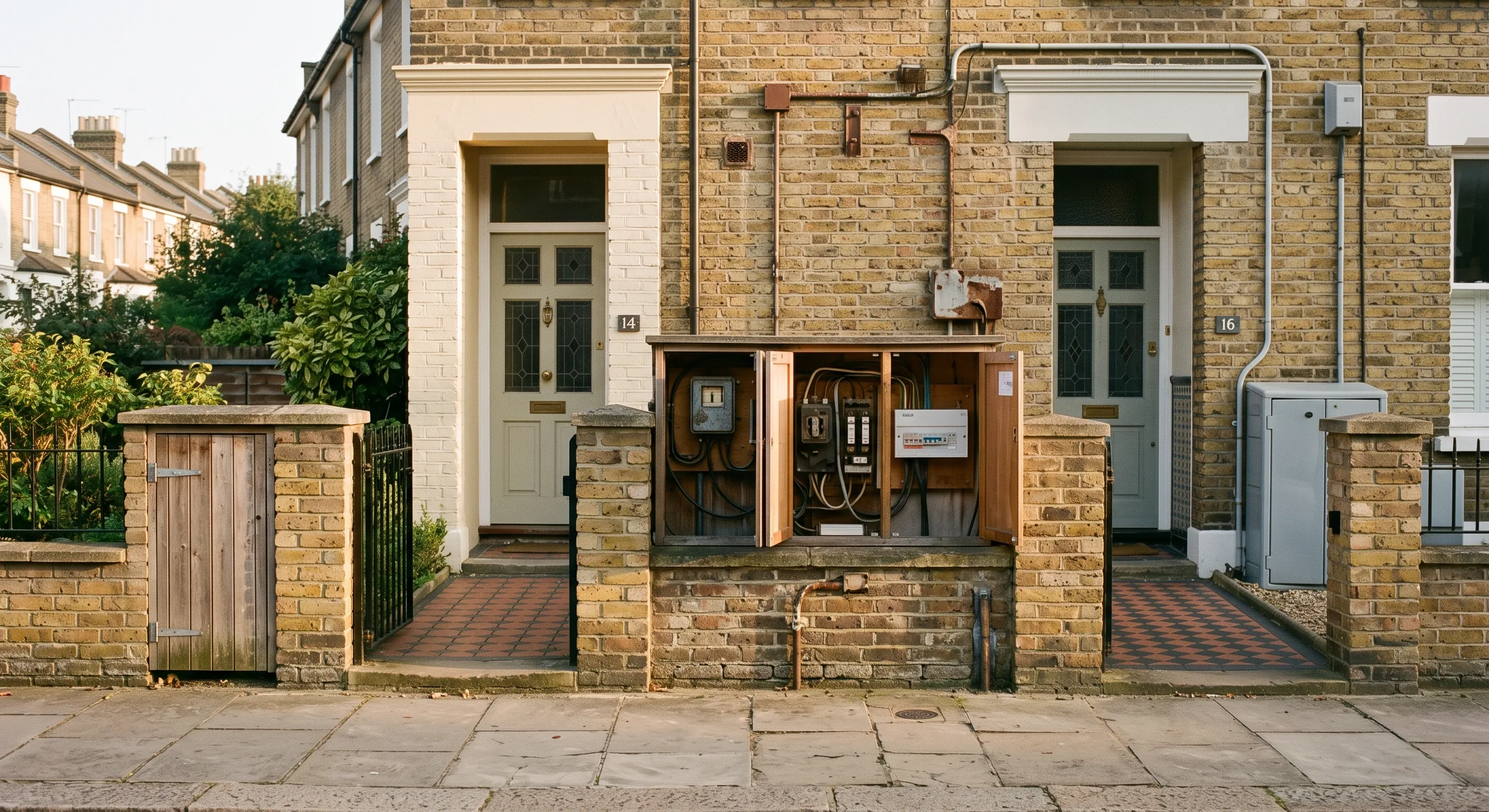 Three adjoining Victorian terrace frontages with meter cupboards in the boundary walls, one door open showing an old supply position and a later consumer unit.