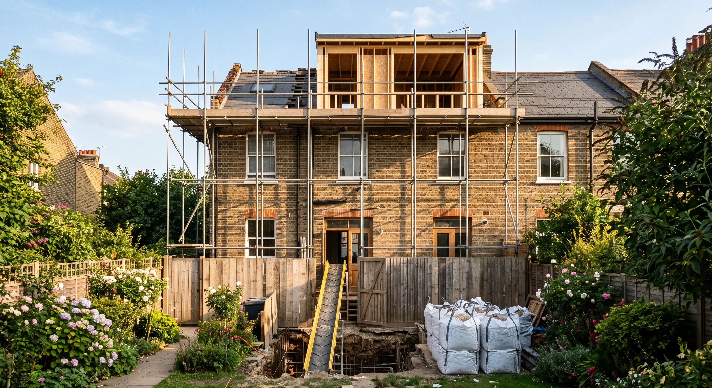 The rear of a terrace house with a dormer being framed at roof level and a basement excavation open at ground level.