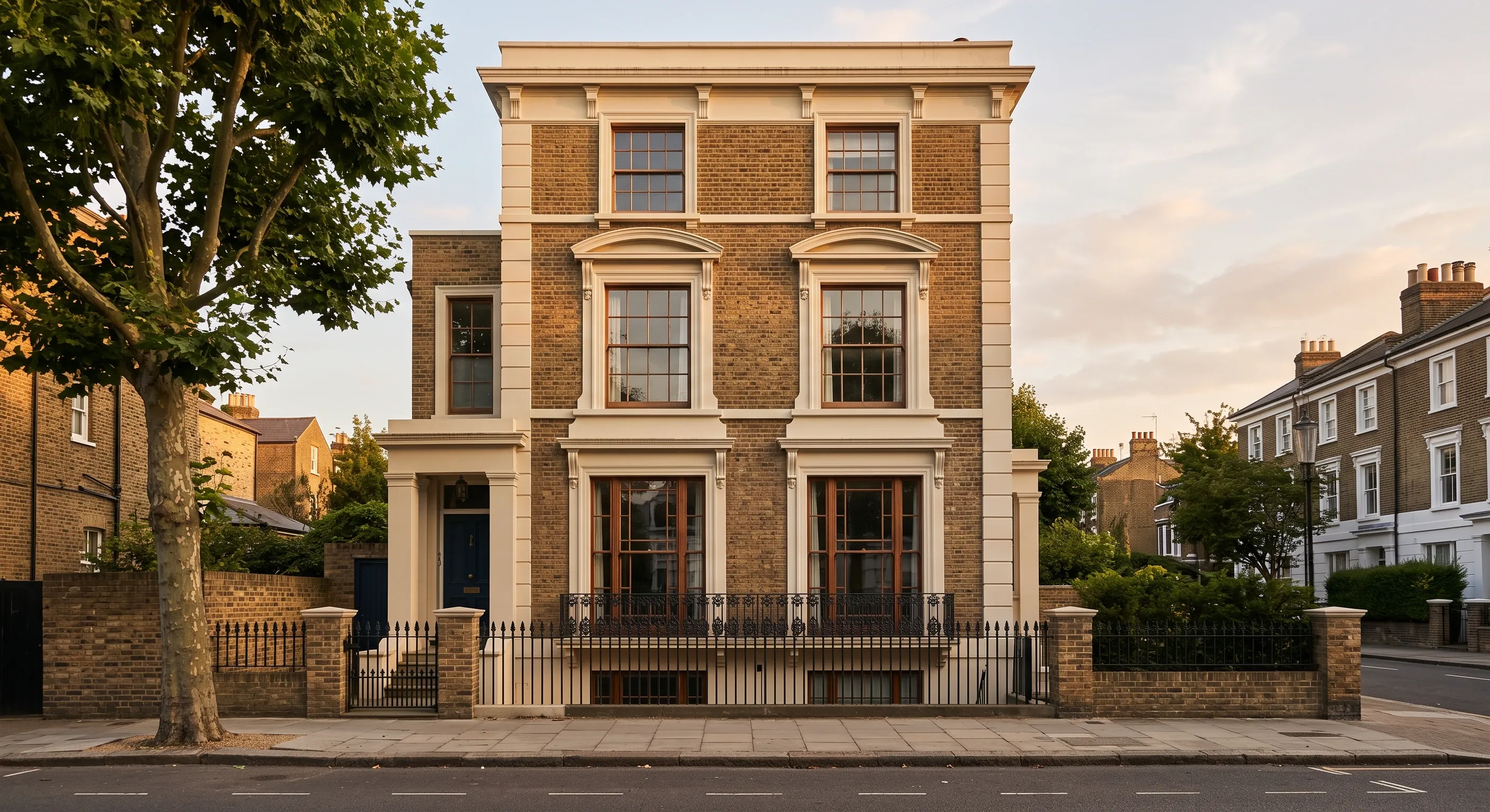 The front of a stuccoed Victorian villa with margin glazed, six over six and smaller upper sashes stepping up three storeys.
