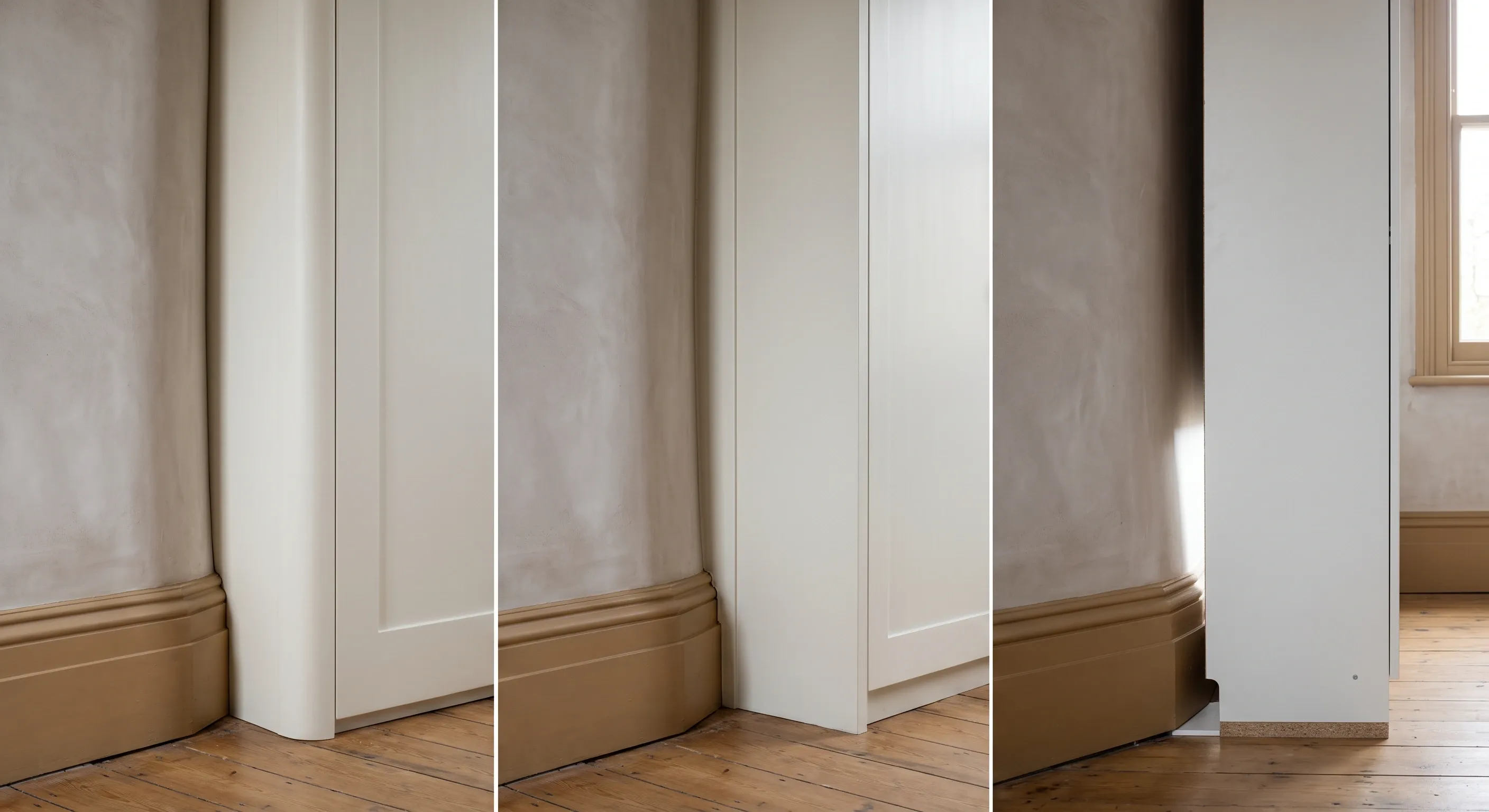 Three wardrobe side panels against one wall, one scribed tight, one with a filler strip, one leaving a tapering gap behind it.