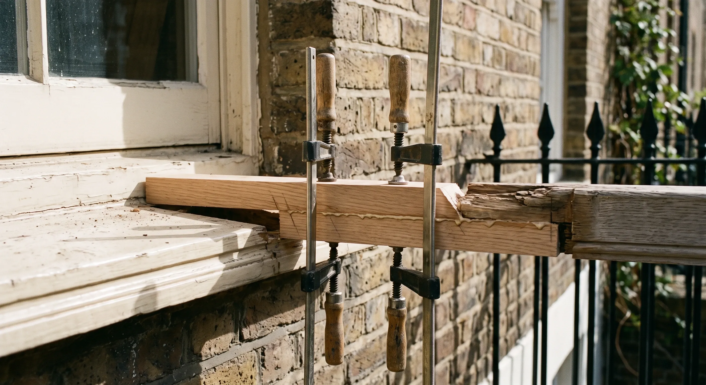 A new section of timber scarfed and clamped into a decayed sash window cill, between sound painted joinery and an area of wet rot.