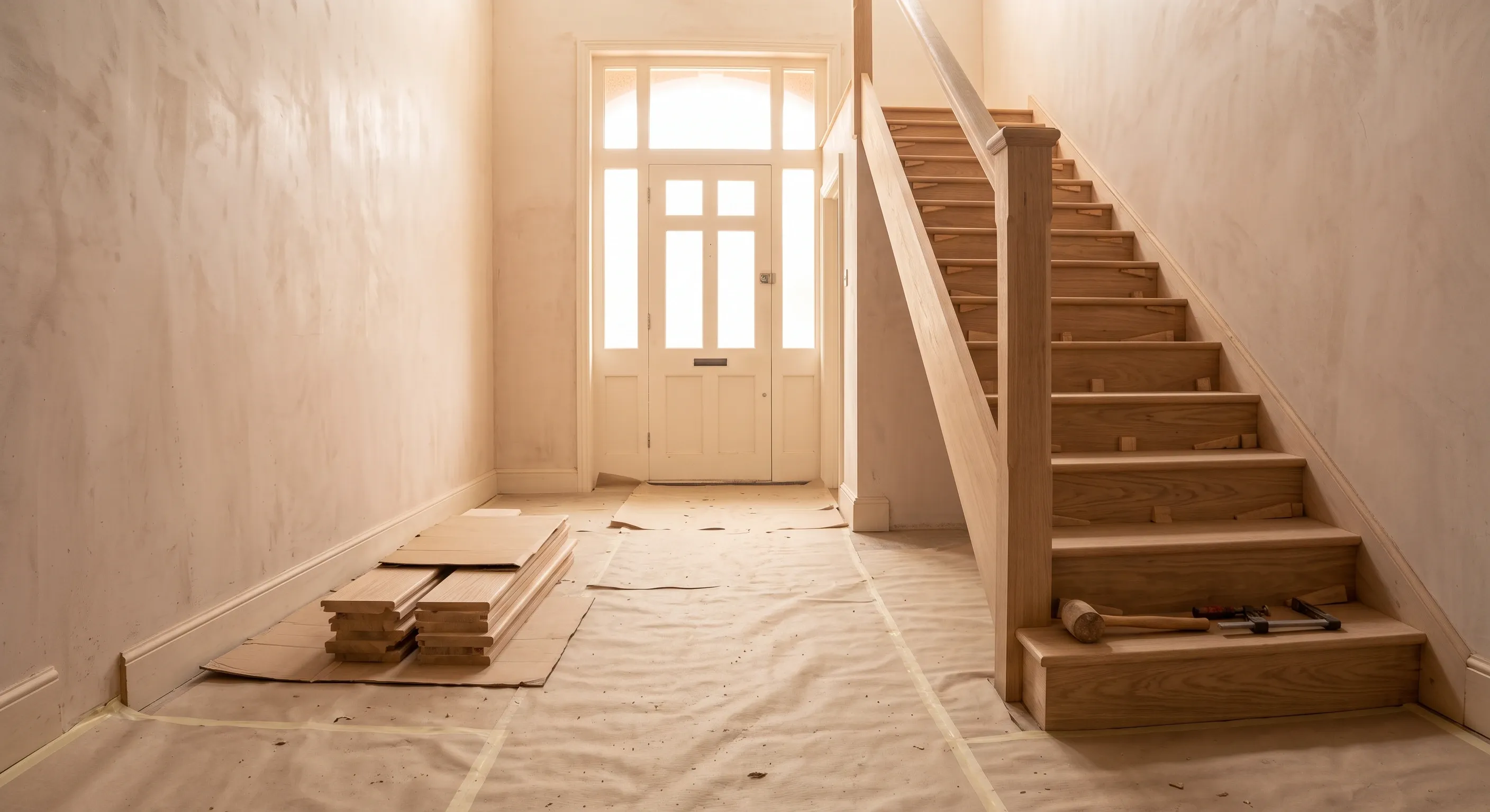 A part fitted staircase with wedged treads and glue blocks, further treads stacked and protected, and a newel post dry fitted with the handrail offered up.