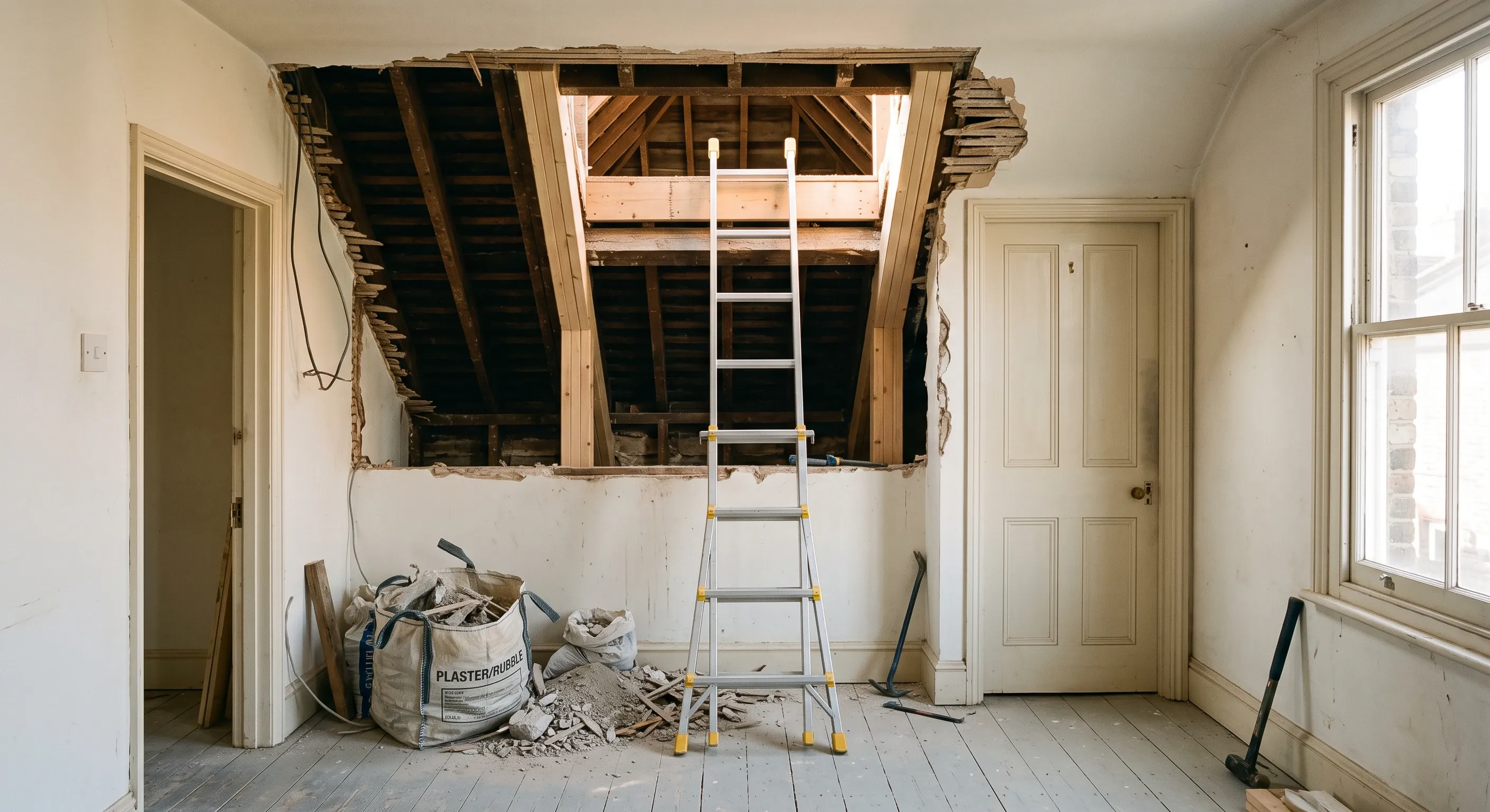 A rectangular opening framed with doubled timber trimmers cut through a landing ceiling for a new loft staircase.