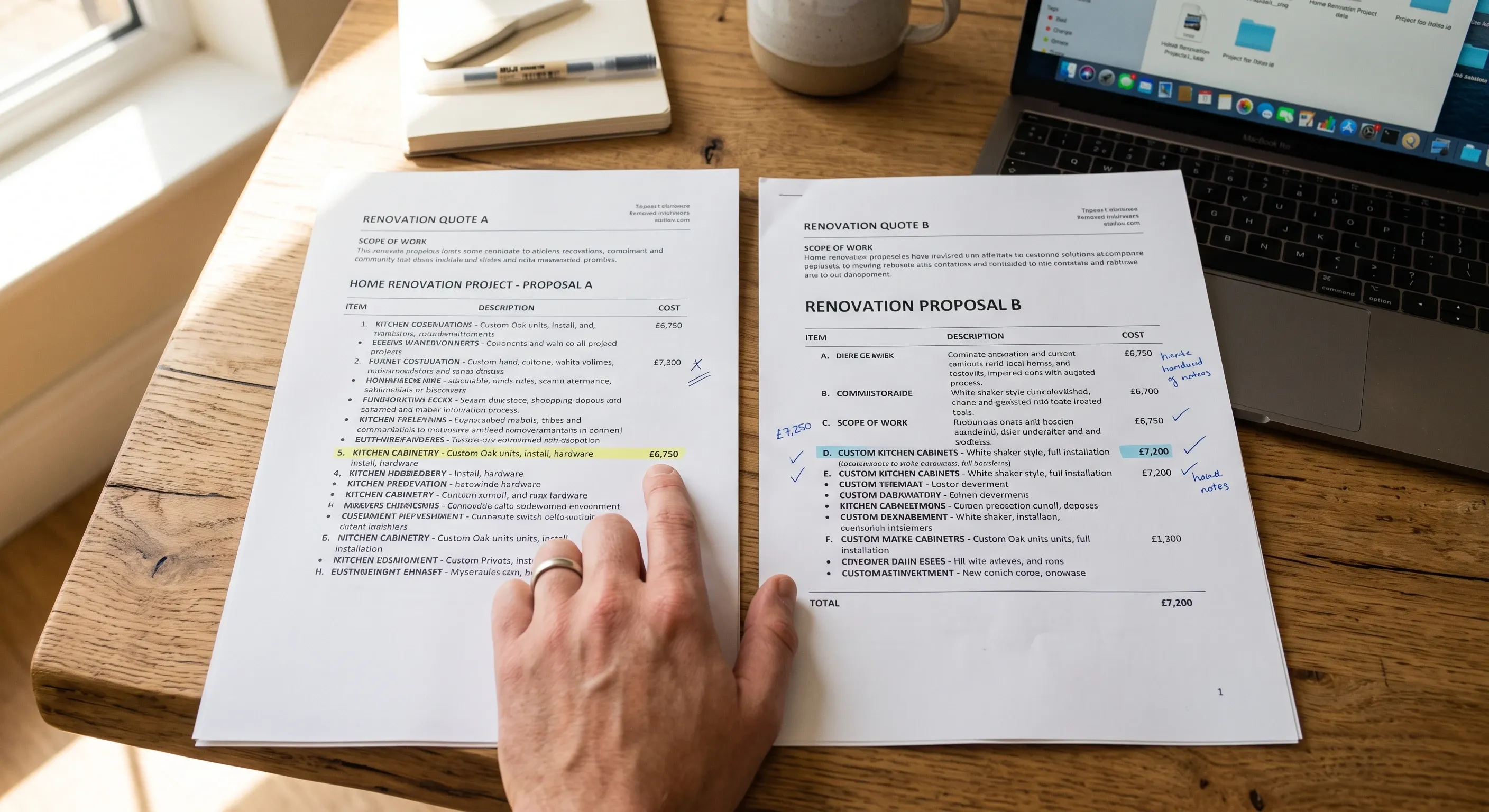 Two printed builder quotes laid side by side on a desk being compared.