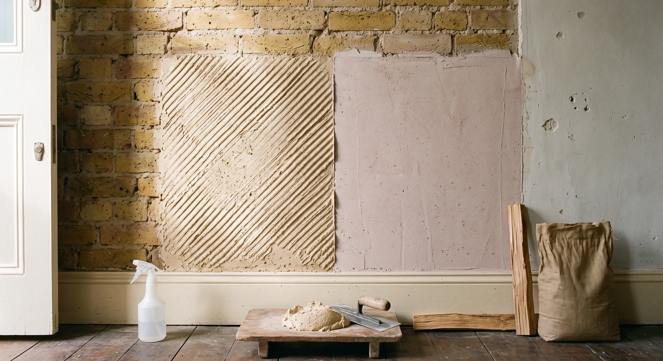 A scratch keyed lime plaster patch and a smooth gypsum backing patch sit side by side on exposed brick above a hawk of fresh mortar and a trowel.