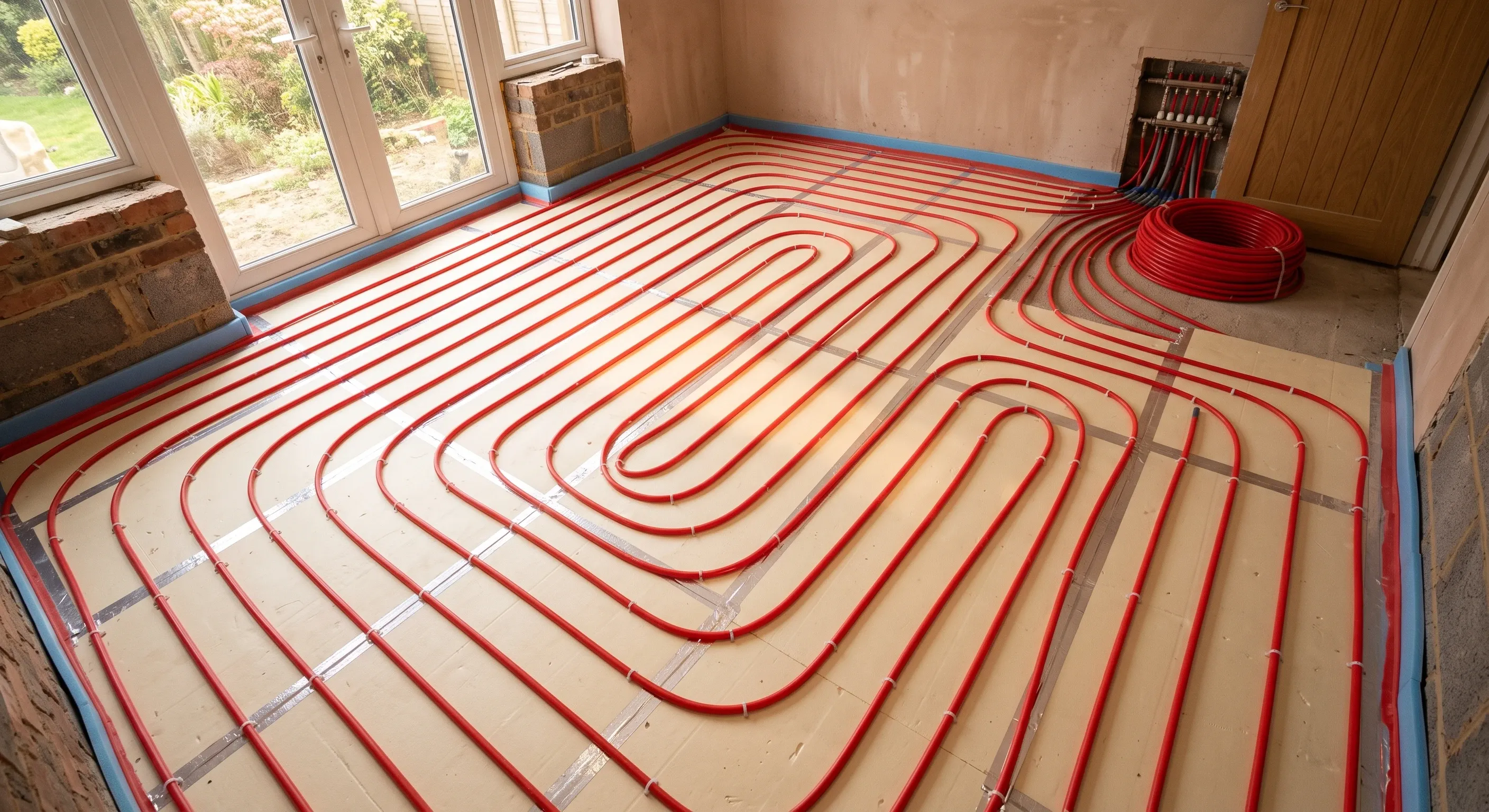 Underfloor heating pipe clipped in a serpentine loop across insulation boards, ready for screed.