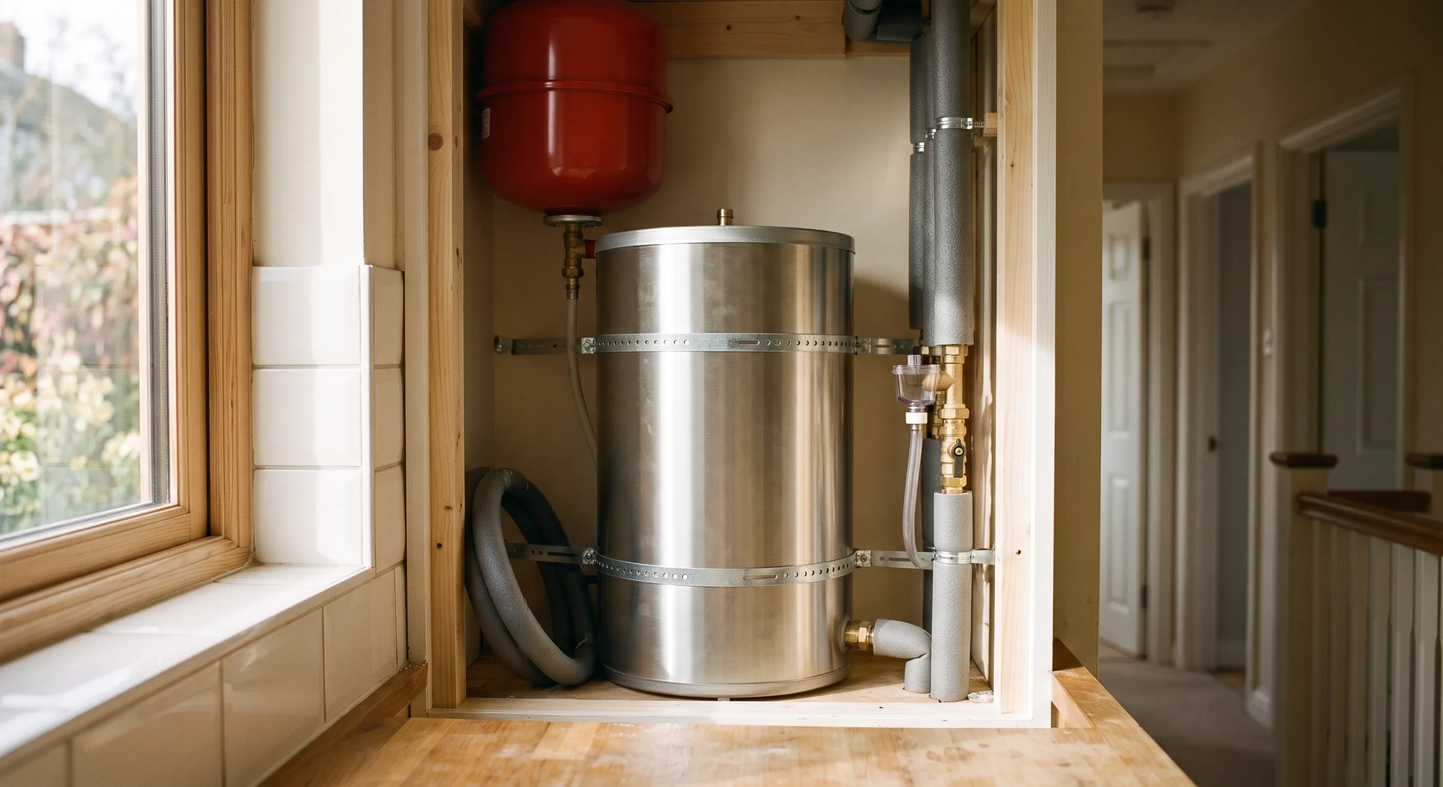 An unvented hot water cylinder in an airing cupboard with its pipework and expansion vessel alongside.
