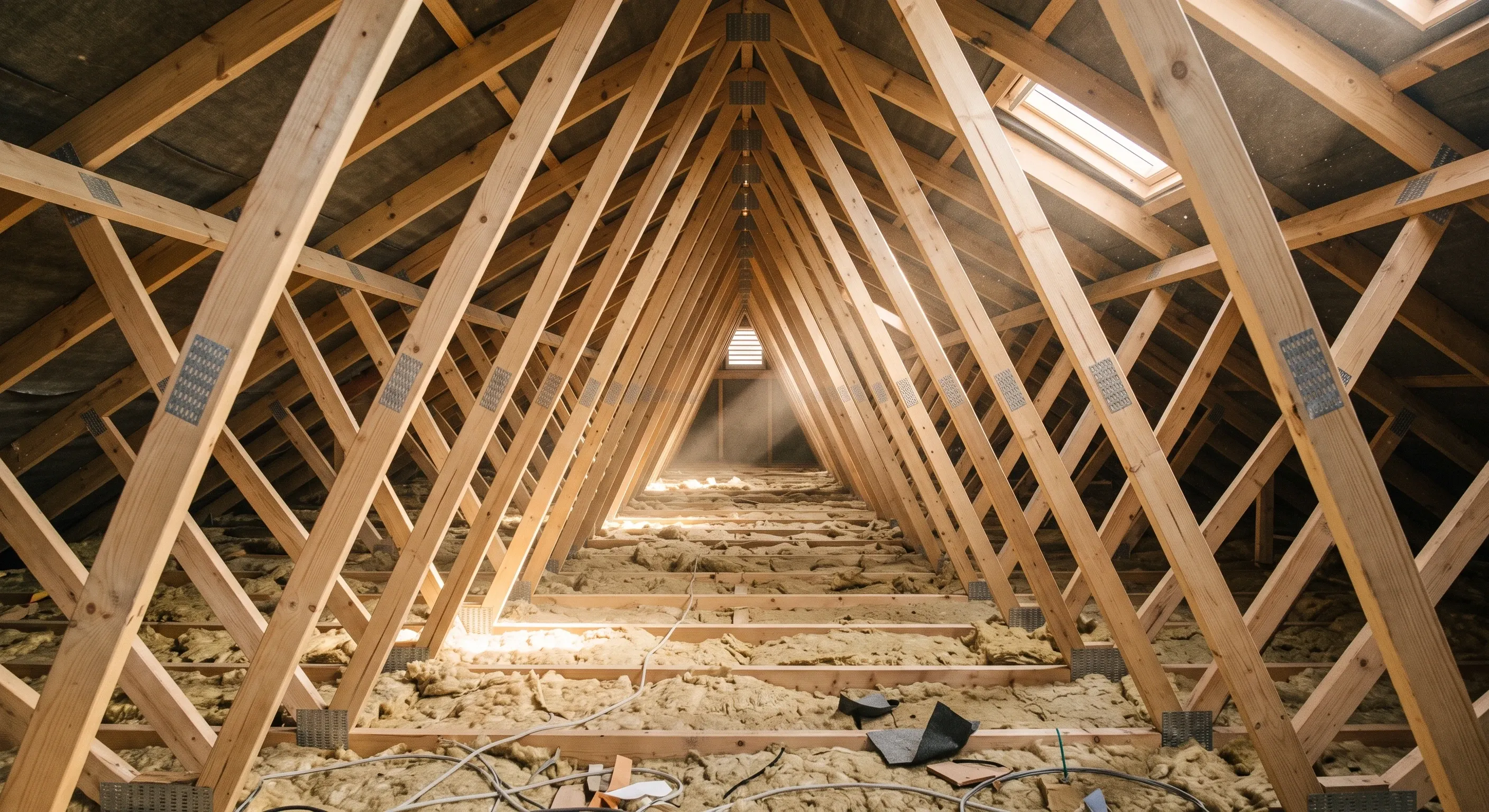 The inside of a trussed rafter roof void with repeating W-shaped webs obstructing the space.